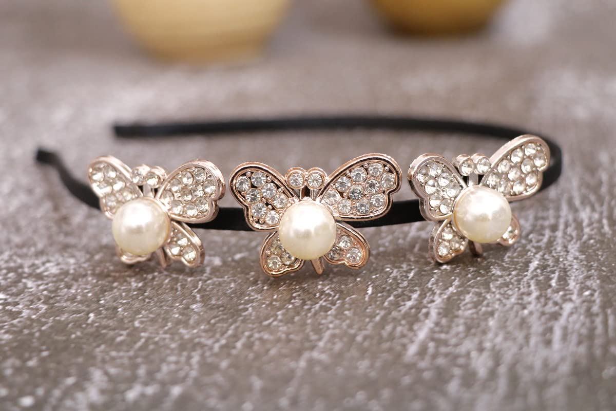 NAVMAV Sparkling Crystal Rhinestones & Pearl Beads Non-Slip Butterfly Headband - Elegant Wedding & Party Hair Accessories for Women & Girls (2-Pack) | Perfect for Bridal, Prom, and Special Occasions