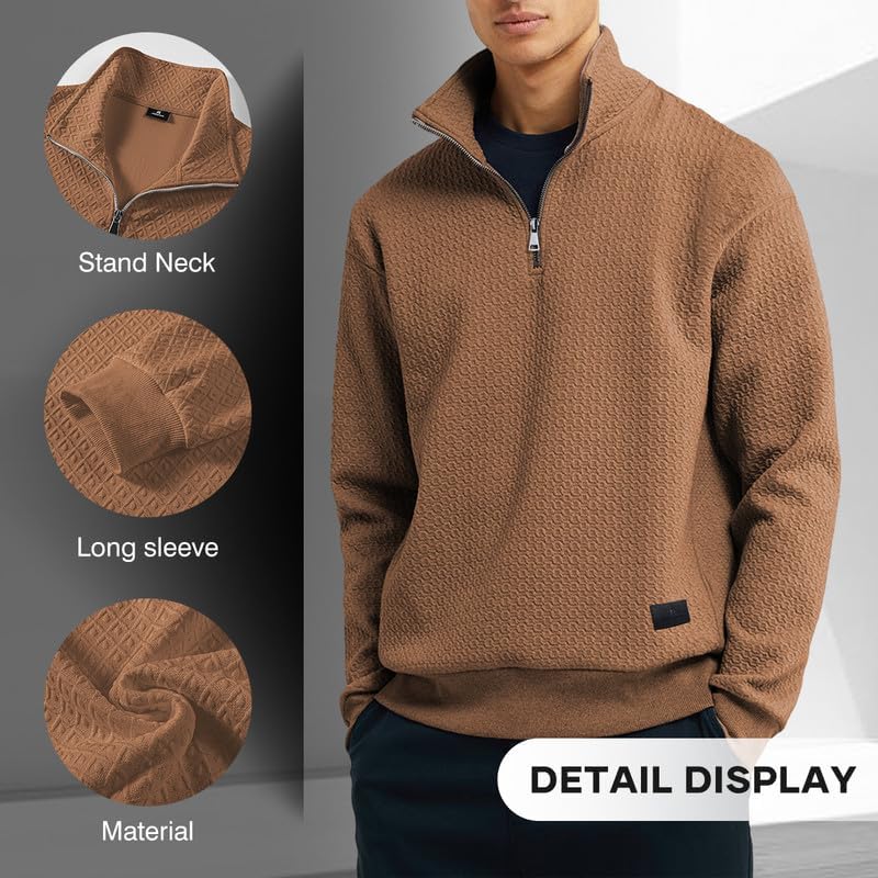 Men's Quarter Zip Sweatshirt - Casual Mock Neck Pullover with Geometric Waffle Texture | Long Sleeve Solid Color Sweater for Work, Outdoor & Lounge Wear