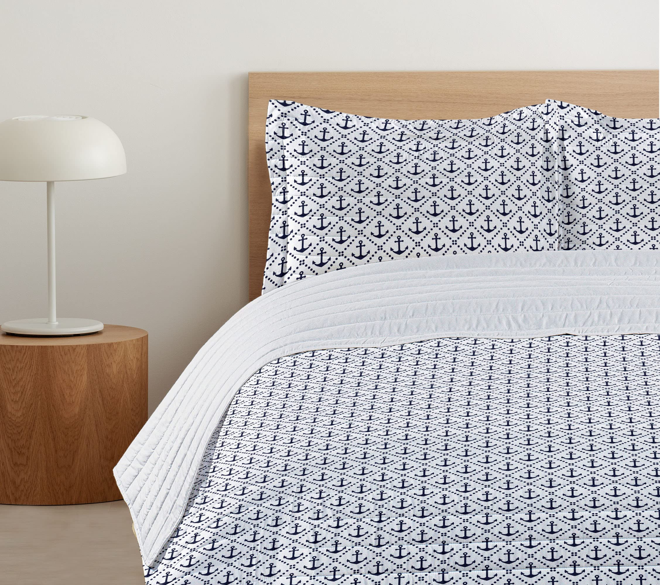 Ambesonne Geometric Microfiber Bedspread Set - Nautical Chevron Pattern with Dotted Frames & Anchors in Dark Blue/White | King Size Soft Bedding Set Includes Comforter & Pillow Shams | Perfect for Coastal Themed Bedrooms, Guest Rooms & Nautical Decor