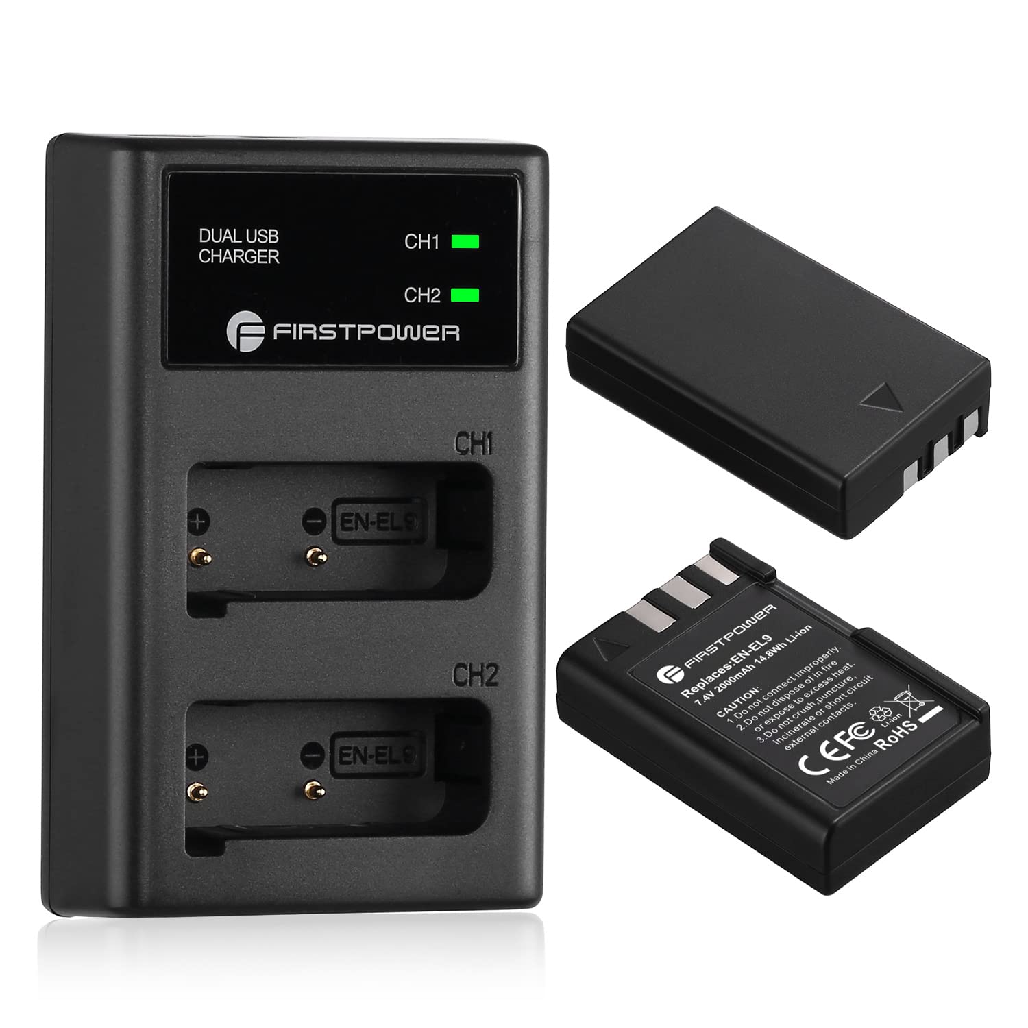 FirstPower EN-EL9 EN-EL9a Rechargeable Battery 2-Pack 2000mAh with Dual USB Charger - Compatible with Nikon D40 D40x D60 D3000 D5000 DSLR Cameras - Perfect for Travel Photography & Professional Shooting