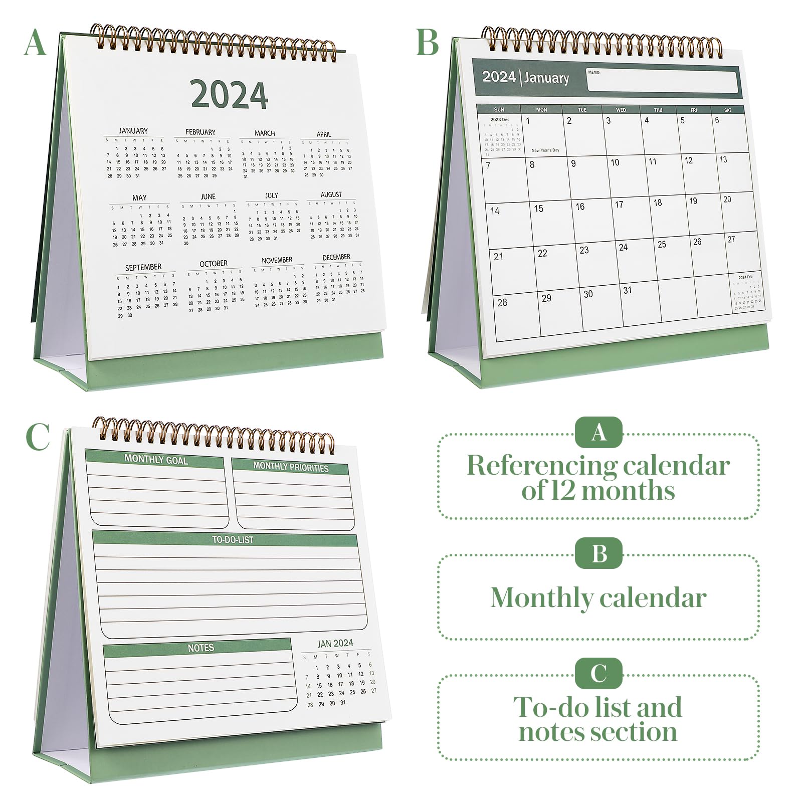 2024-2025 Desktop Flip Calendar - Monthly & Daily Planner for Home, Office, School | Green Standing Organizer for Productivity & New Year Decor