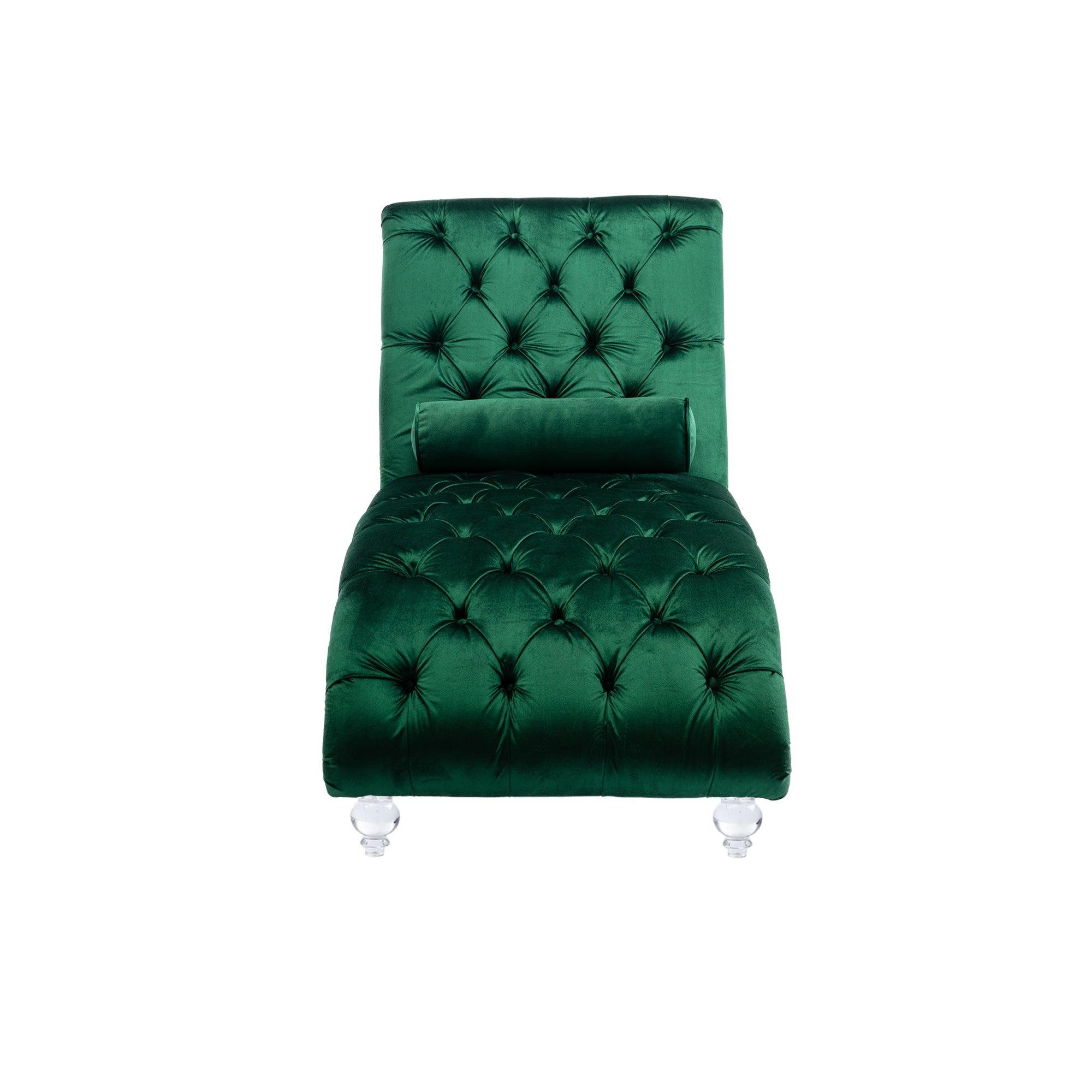 Luxury Velvet Chaise Lounge Chair - Button Tufted Upholstered Sofa with Pillow for Bedroom, Living Room & Office | Emerald Green Velvet Fabric | Perfect for Reading Nook, Lounge Area & Home Decor
