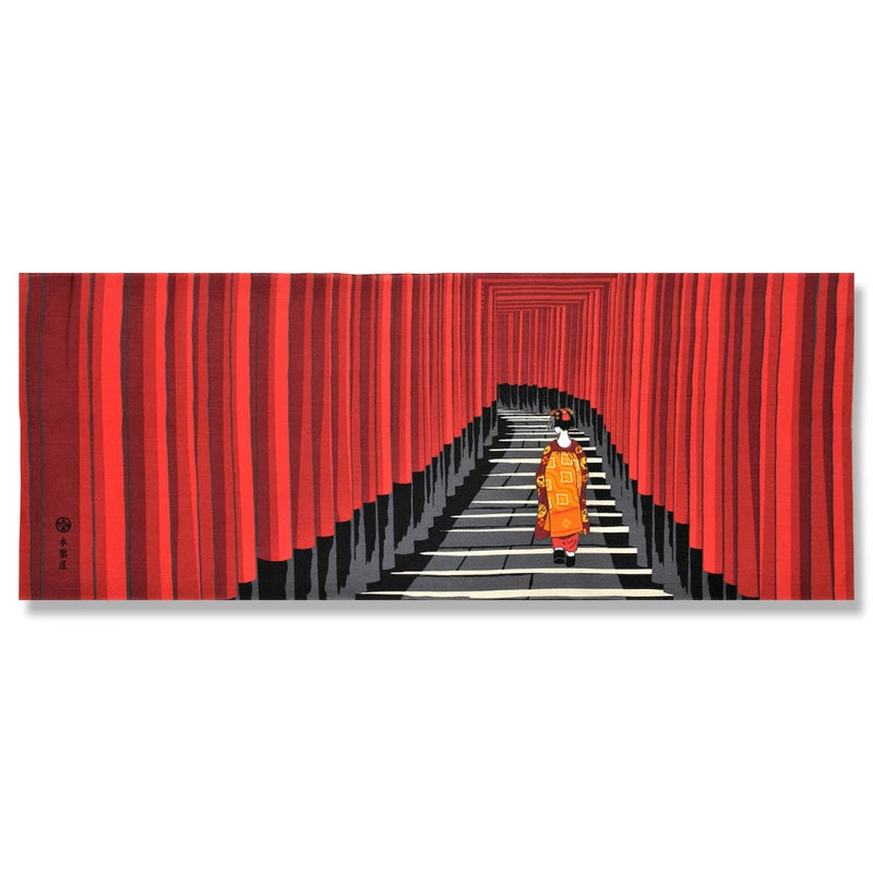 Authentic Kyo Yuzen Dyed Tenugui Towel - Traditional Japanese Hand Towel with Torii Gate & Maiko Design | Handcrafted in Kyoto, Japan | Perfect for Tea Ceremony, Home Decor & Cultural Gifts