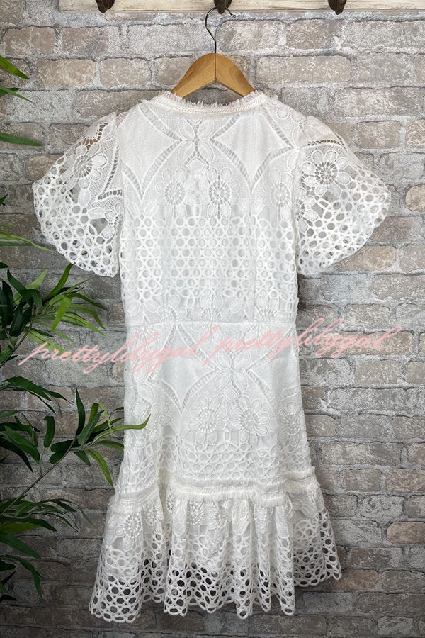Sweet Valor Crochet Lace Puff Sleeve Button Up Mini Dress - Elegant Floral Summer Dress for Women, Perfect for Dates, Parties & Beach Vacations