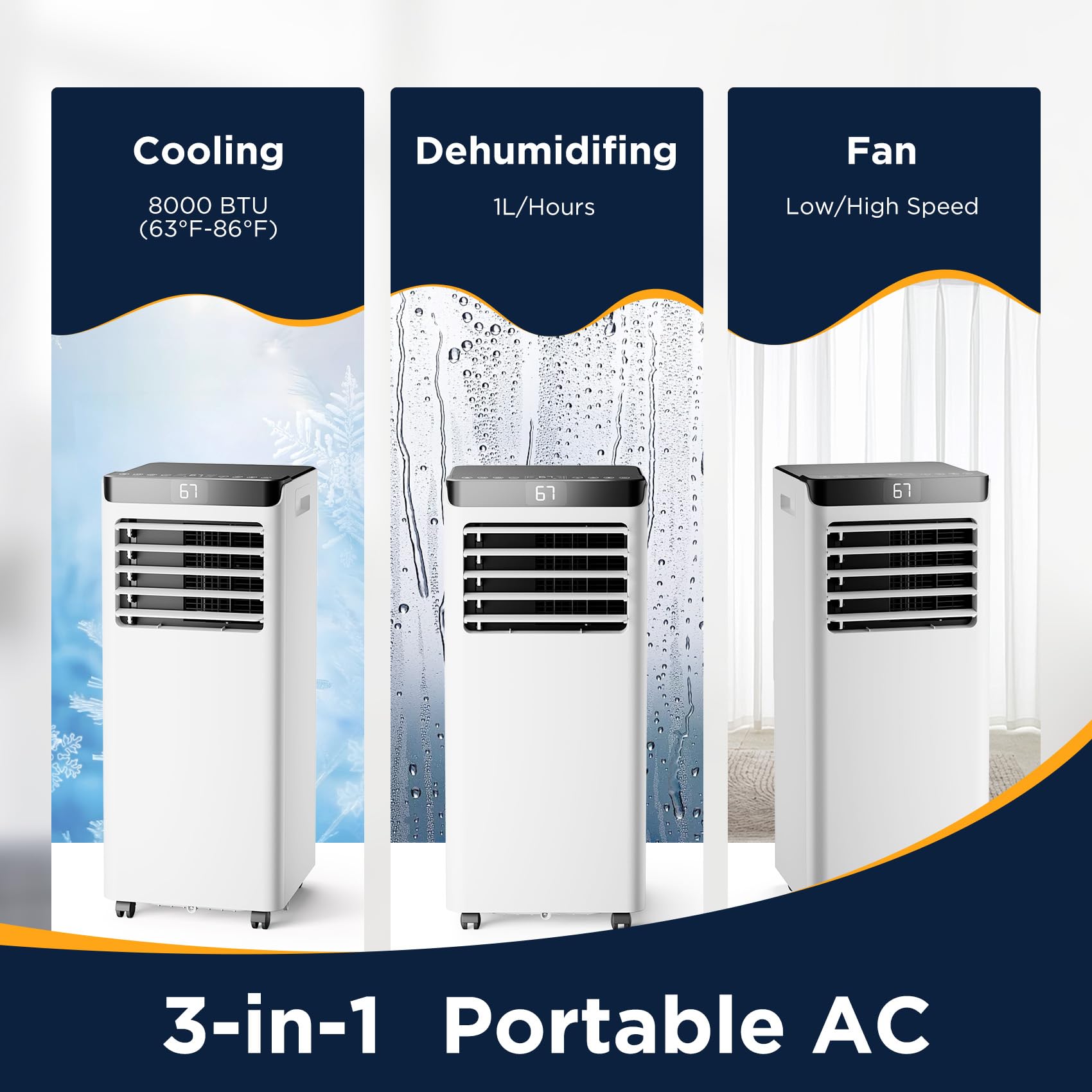 8,000 BTU Portable Air Conditioner for Large Rooms Up to 350 Sq.Ft - 3-in-1 Cooling Modes with Remote Control & Easy Install Kit - Energy Efficient AC Unit for Bedroom, Living Room, Home Office - Summer Cooling Solution for Heatwaves & Hot Nights - Compact Design with Quiet Operation for Better Sleep & Work Comfort