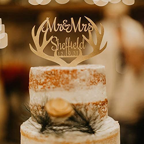 Mr & Mrs Deer Antler Cake Topper - Rustic Calligraphy Wedding Anniversary Cake Decoration - Custom Personalized Cake Topper for Weddings, Anniversaries & Romantic Celebrations