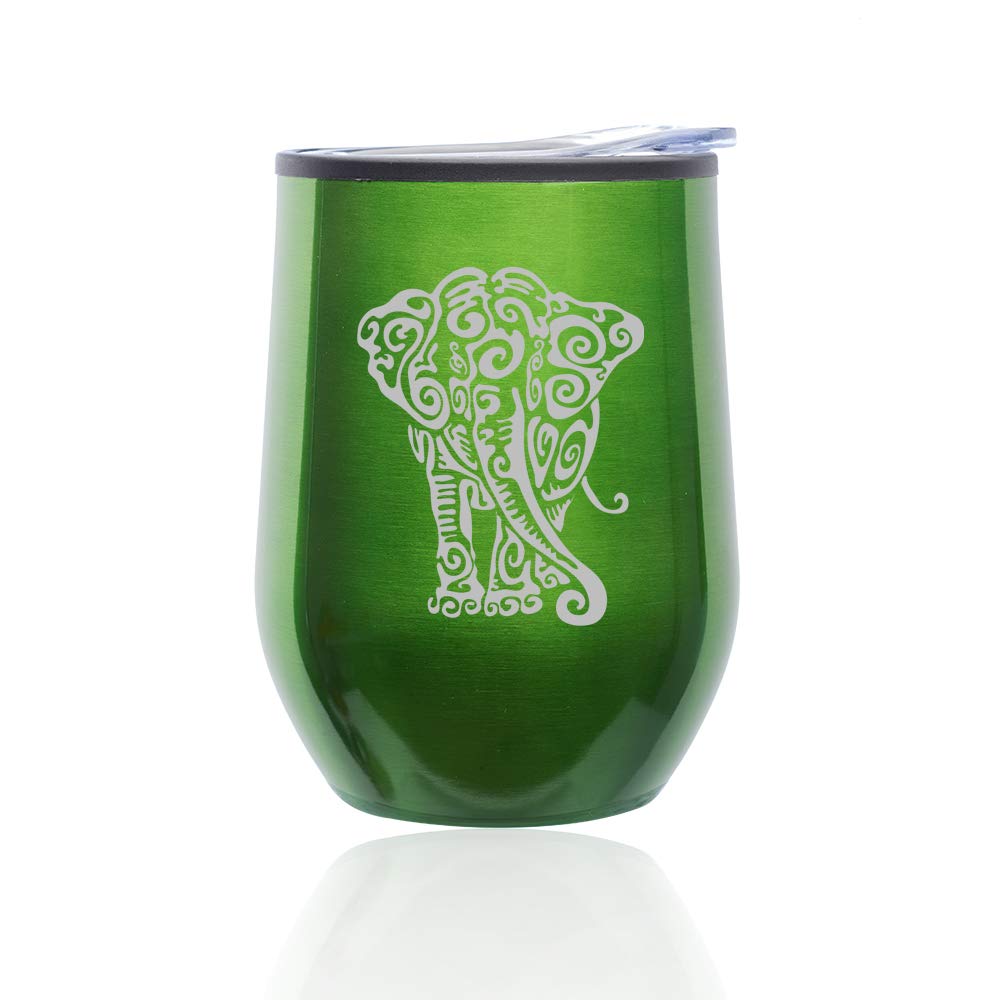 Stemless Wine Tumbler with Lid - 16oz Insulated Coffee Travel Mug Glass - Tribal Elephant Design (Green) - Perfect for Hot/Cold Drinks, Office, Picnics & Outdoor Adventures