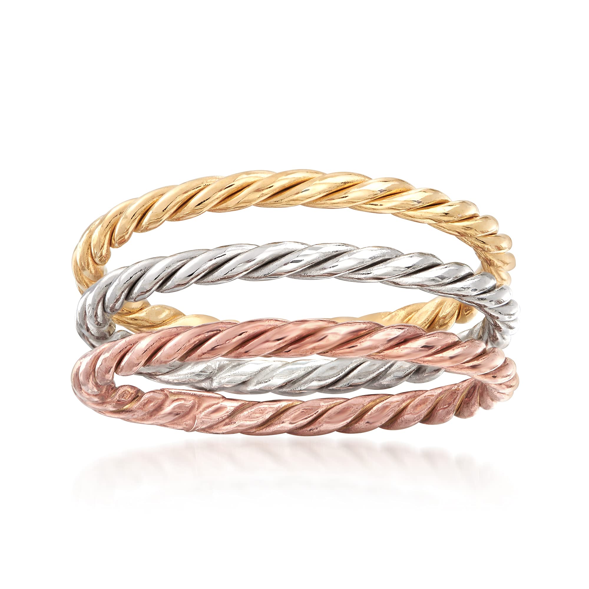 Ross-Simons 18kt Tri-Colored Gold Jewelry Set: 3 Rope-Style Rings for Women | Elegant Stackable Rings for Everyday Wear, Gift Giving & Special Occasions