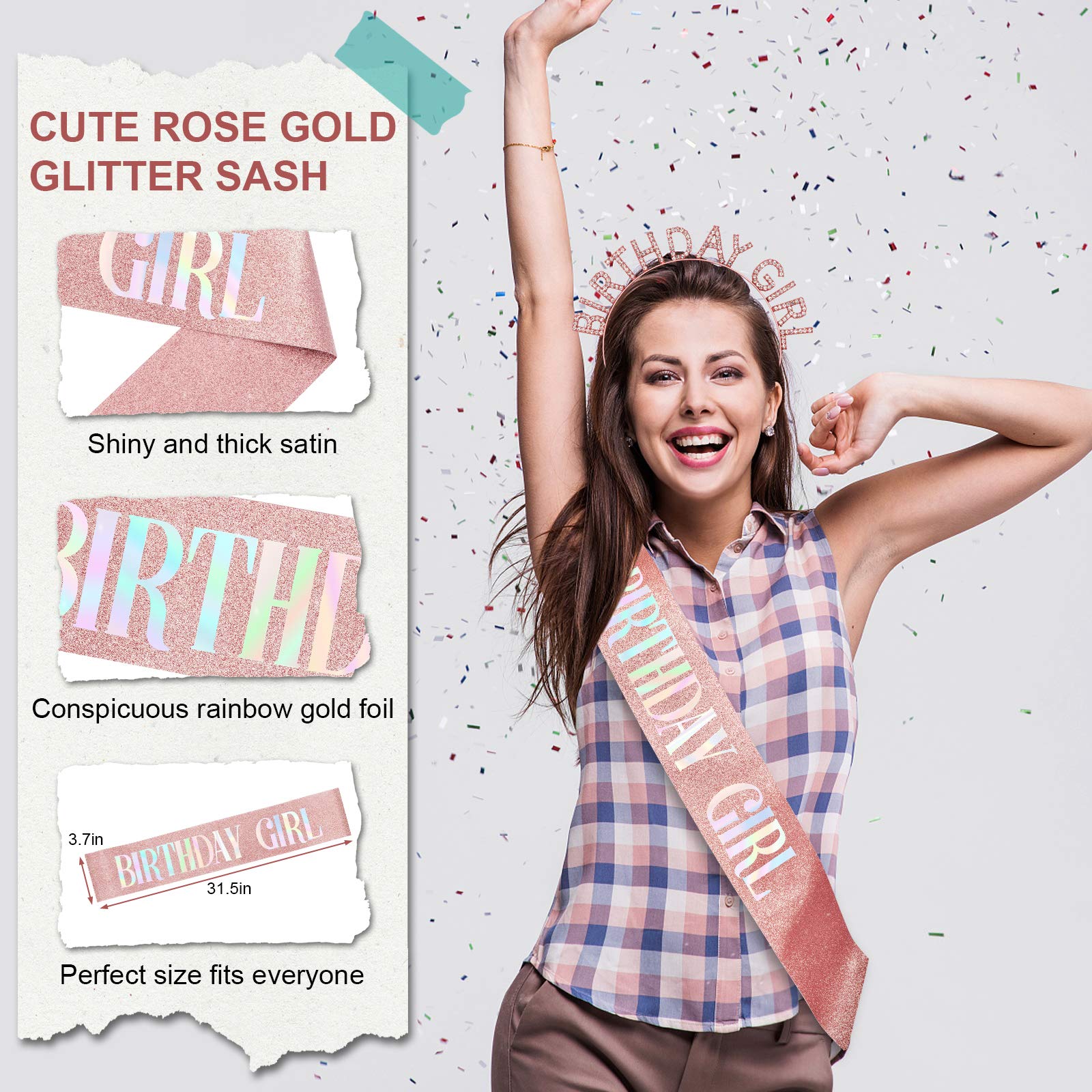 Rose Gold Birthday Crown & Tiara Set for Women - Rhinestone Princess Headband & Sash - Elegant Birthday Girl Accessories for Parties, Bachelorette, Bridal Showers & Special Celebrations