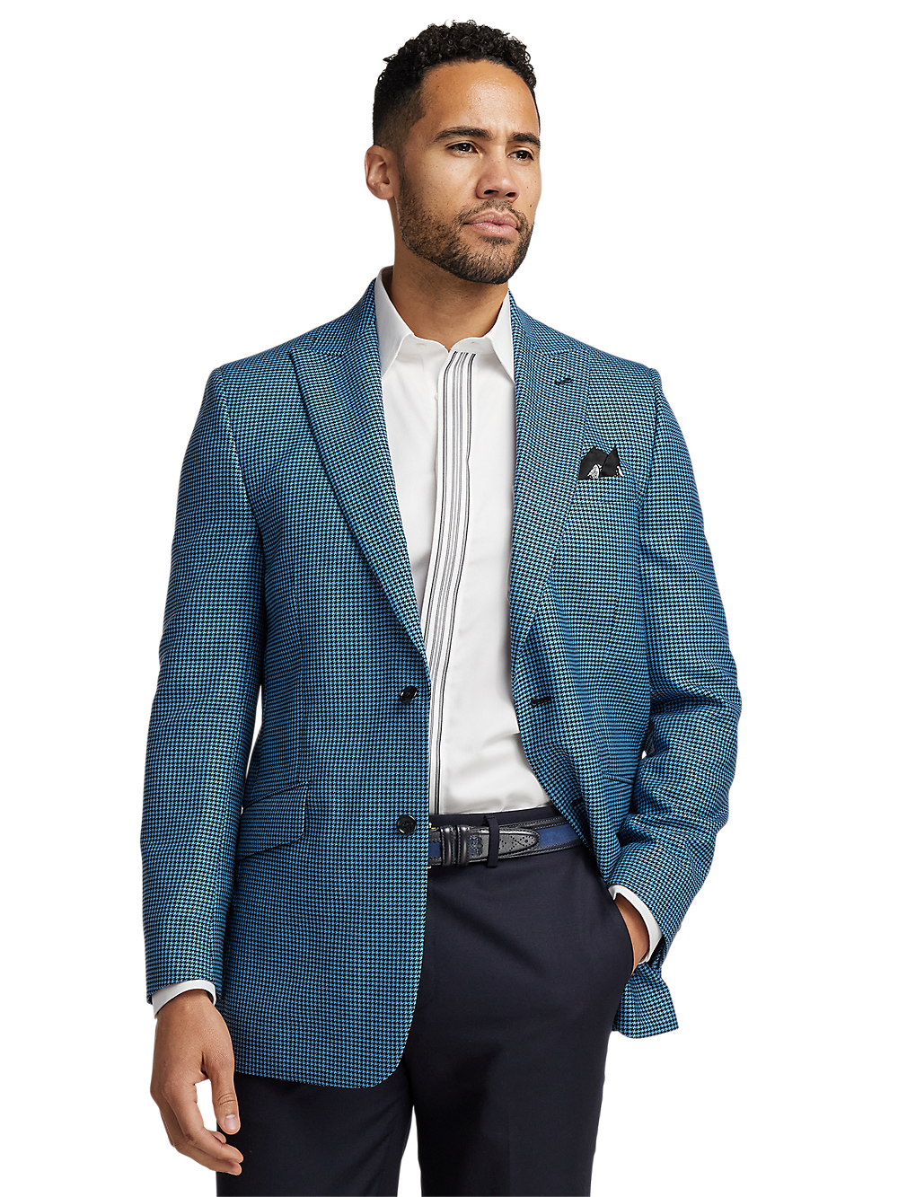 Premium Wool Houndstooth Single-Breasted Peak Lapel Blazer - Blue & Black Checkered Pattern | Formal Business Attire, Office Wear & Special Occasions