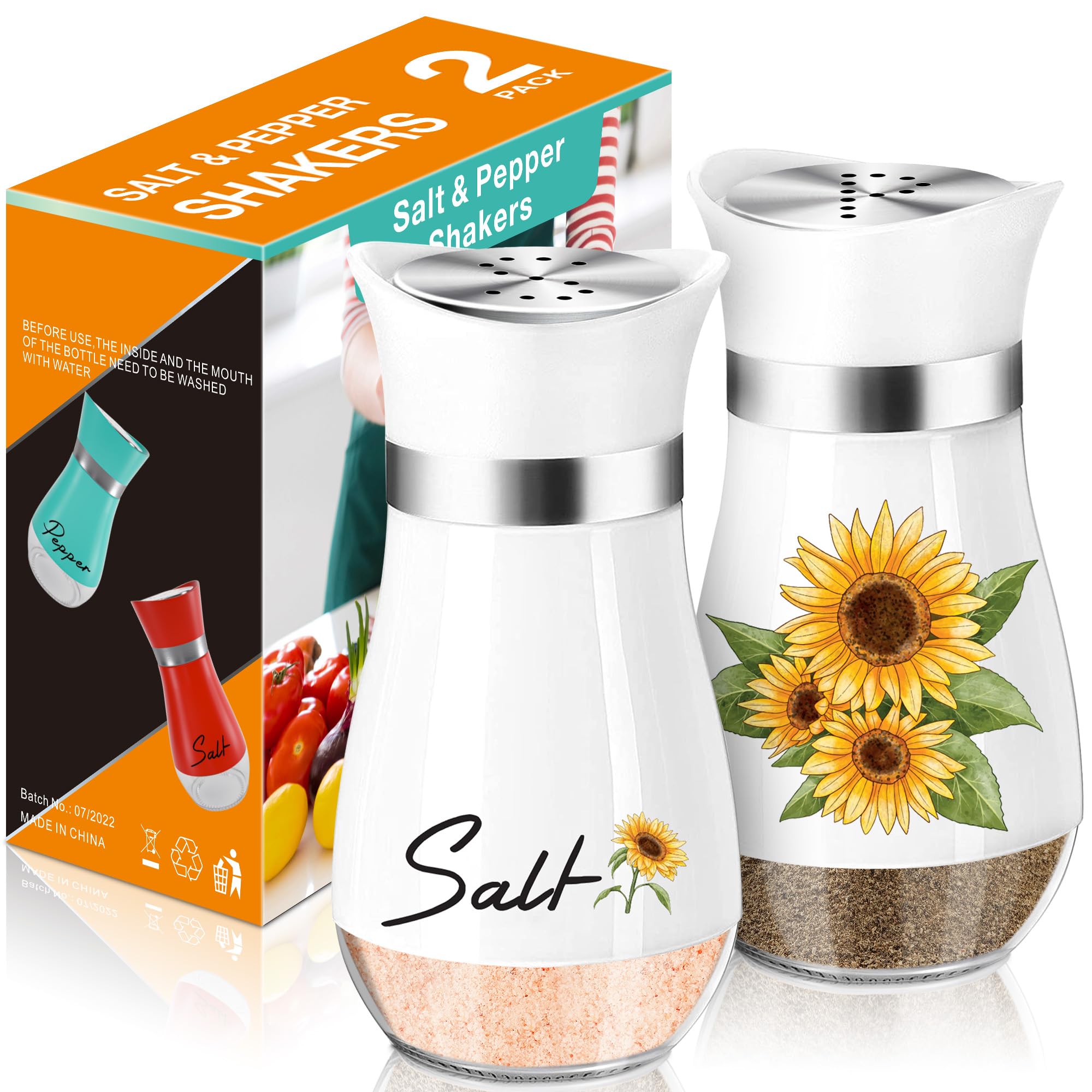 Sunflower Salt and Pepper Shakers Set - 4oz Glass Farmhouse Kitchen Decor with Ceramic Lid - Perfect for Cooking, Dining Table, Housewarming Gifts, Thanksgiving & Christmas Decorations - Cute Sunflower-Themed Kitchen Accessories for Home & Gifts