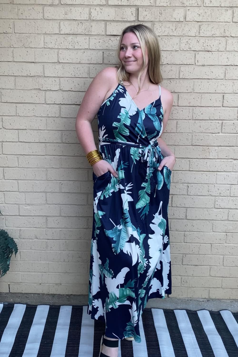 OUGES Women's Floral Maxi Dress - V Neck, Adjustable Spaghetti Strap Summer Beach Dress with Pockets | Perfect for Vacations, Pool Parties & Casual Outings