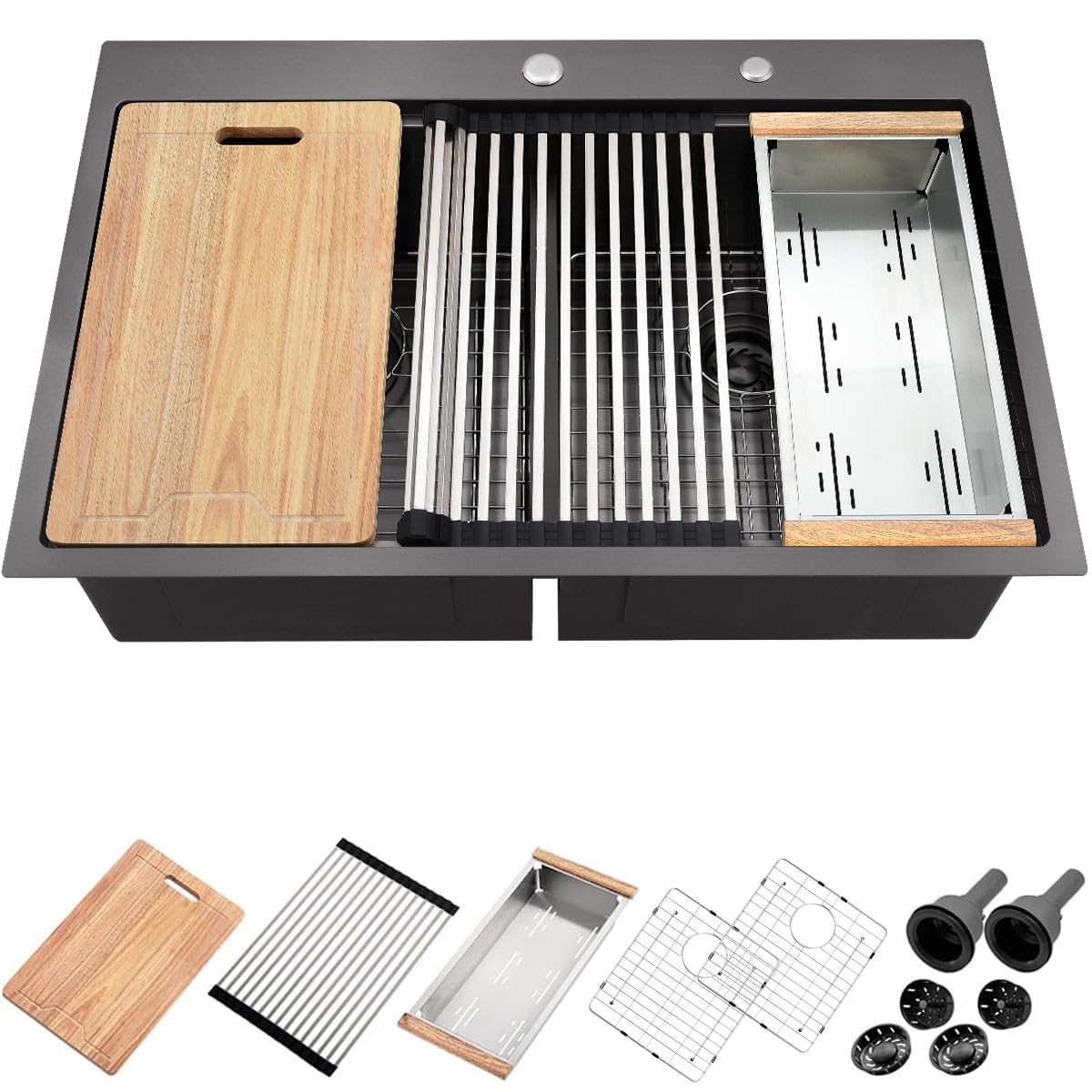 33 Inch Drop In Double Bowl Kitchen Sink - Xiiwin 33×22 Inch Top Mount 16 Gauge Gunmetal Black Stainless Steel Workstation Sink with Accessories - Perfect for Modern Kitchens, Food Prep, and Dishwashing