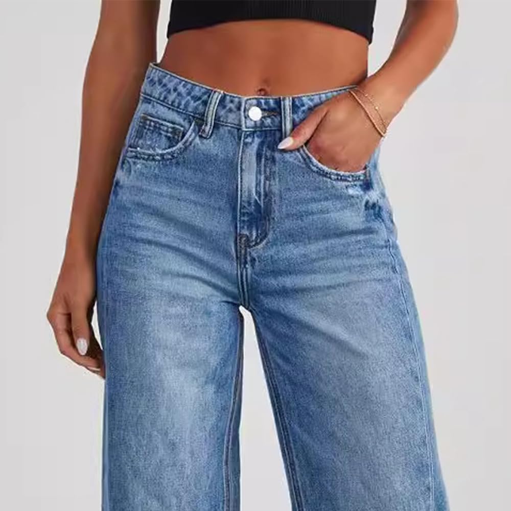 Women's High Waisted Wide Leg Jeans - Stretchy Raw Hem Denim Pants for Casual Wear & Street Style Outfits