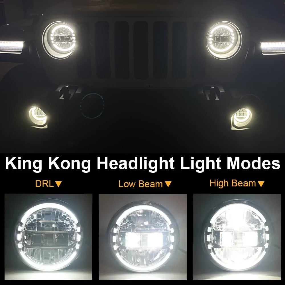 7 LED King Kong Headlight + 9 Headlight Bracket + 4 Smile Fog Light Kit for Jeep Wrangler JL (2018-2023) - Off-Road Adventure & Night Driving Upgrade