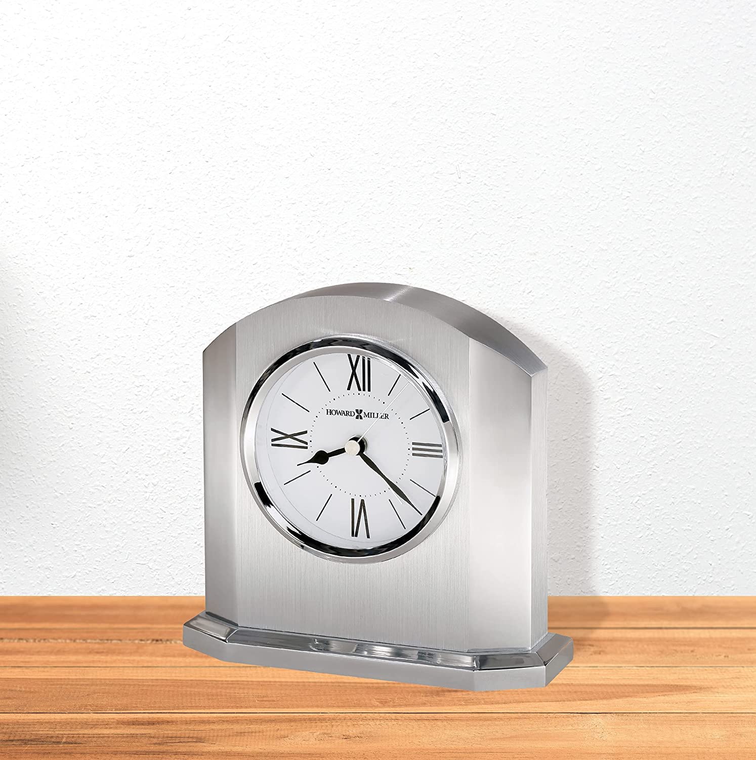 Howard Miller Lincoln Table Clock 645-753 - Silver Aluminum Case, Beveled Glass, Black Roman Numerals, Quartz Alarm Clock for Home Office & Bedroom Decor