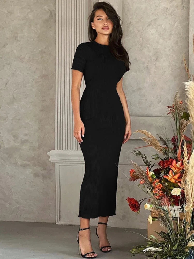 Women's Back Tie Short Sleeve Ribbed Knit Bodycon Dress - Casual Long Dress for Spring 2024 | Perfect for Date Night, Office Wear & Summer Outings