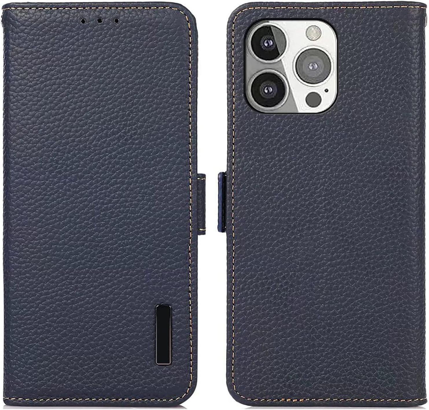 Premium Genuine Cowhide Leather Wallet Case for iPhone 14 Pro Max - Handcrafted Flip Cover with Card Slots, Magnetic Closure & Stand Function (Blue) | Perfect for Business Professionals & Daily Use