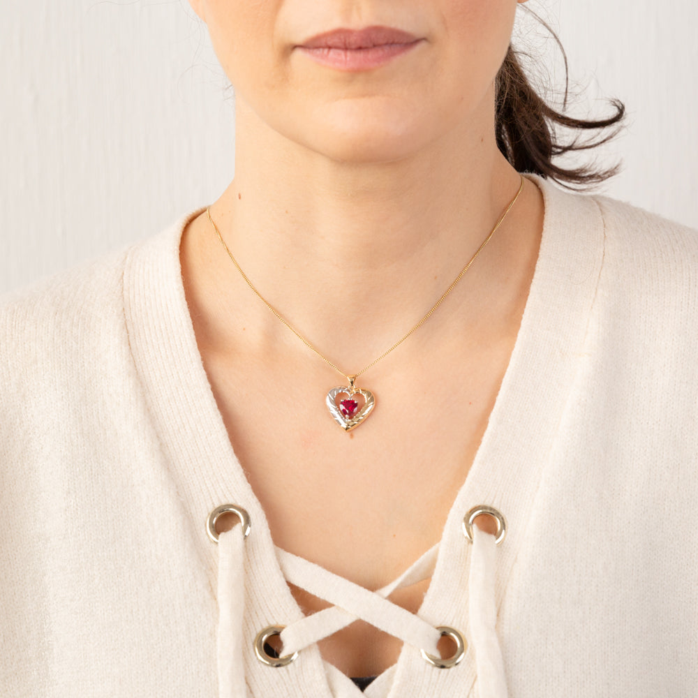 9ct Yellow & White Gold Created Ruby Heart Pendant Necklace - Elegant Jewelry Gift for Women, Perfect for Valentine's Day, Anniversary & Special Occasions