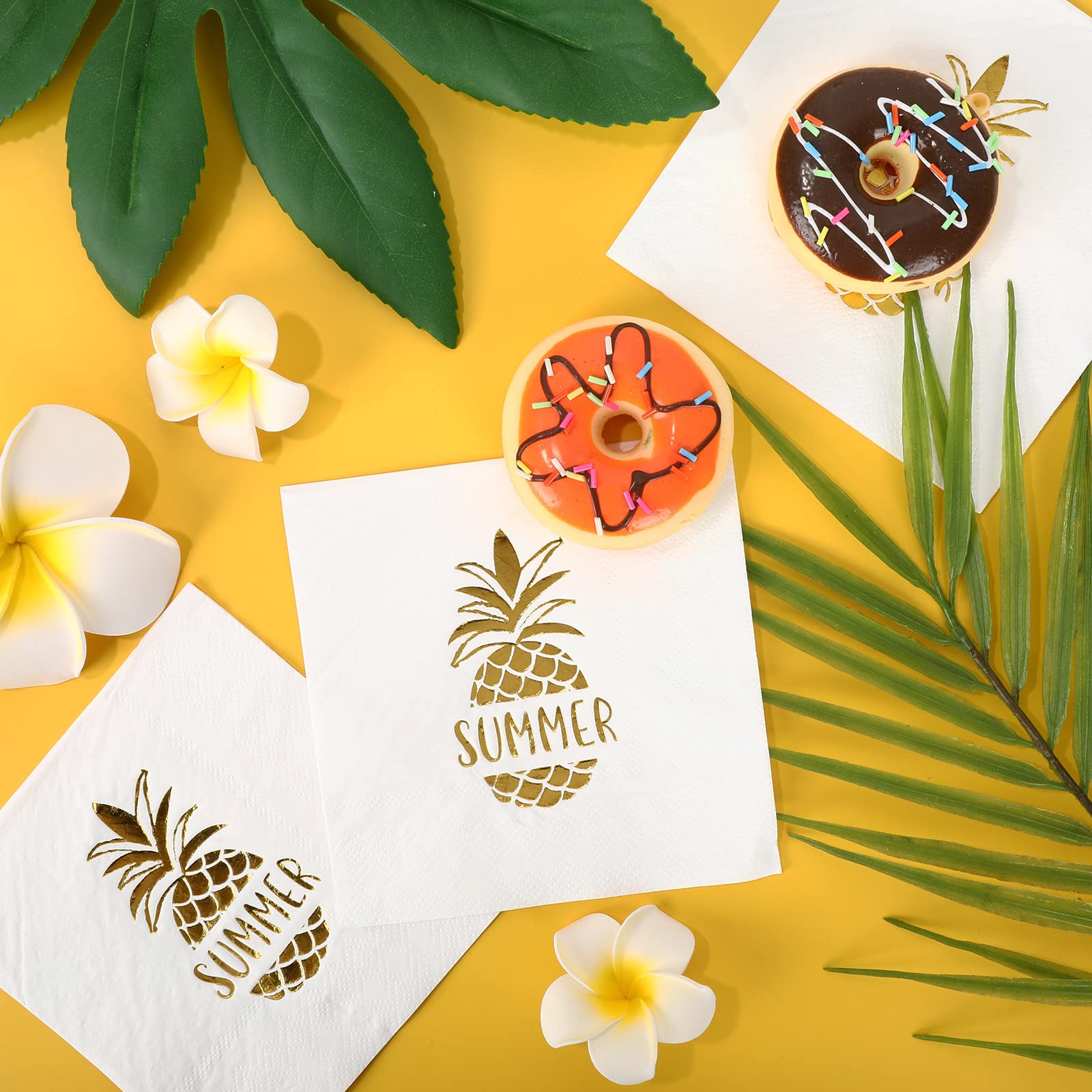 AnyDesign 100-Pack 5x5 Inch Gold Foil Pineapple Cocktail Napkins - Disposable White Summer Party Paper Napkins for Birthdays, Baby Showers, Beach & Pool Parties - Perfect for Tropical Themed Events & Outdoor Gatherings