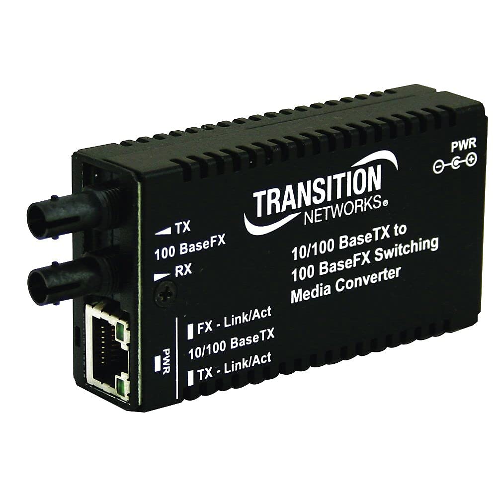 Transition Networks Stand-Alone Mini 10/100 Fiber Media Converter (M/E-PSW-FX-02(SC) NA - Ethernet to Fiber Optic Converter for High-Speed Network Bridging in Office & Data Center Environments