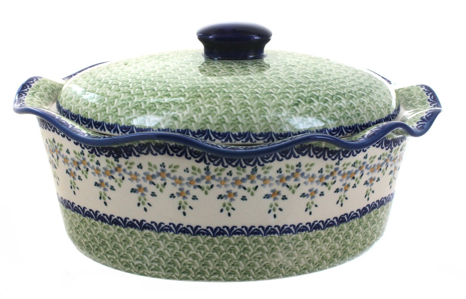 Handmade Blue Rose Polish Pottery Oval Baker with Lid - Large Summer Vine Design for Baking, Serving & Home Decor | Perfect for Casseroles, Bread & Rustic Kitchen Display