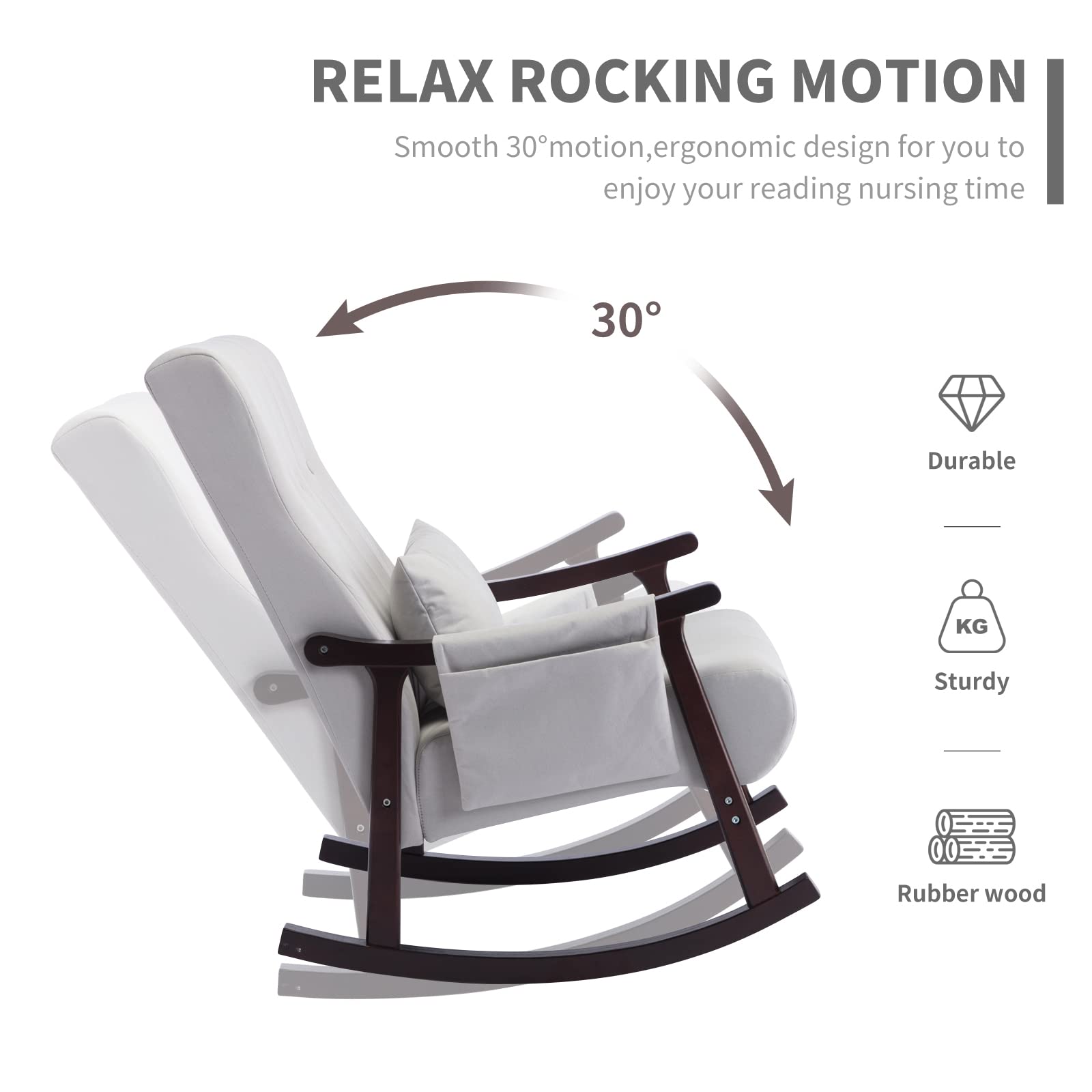 **High Back Rocking Glider Chair for Nursery - Light Gray Tufted Nursing Chair with Side Pocket & Lumbar Pillow - Comfortable Rocker for Moms, Baby Room, Living Room Accent - Perfect Gift for New Parents**    *(Ideal for breastfeeding, nursery relaxation, or stylish living room seating)*