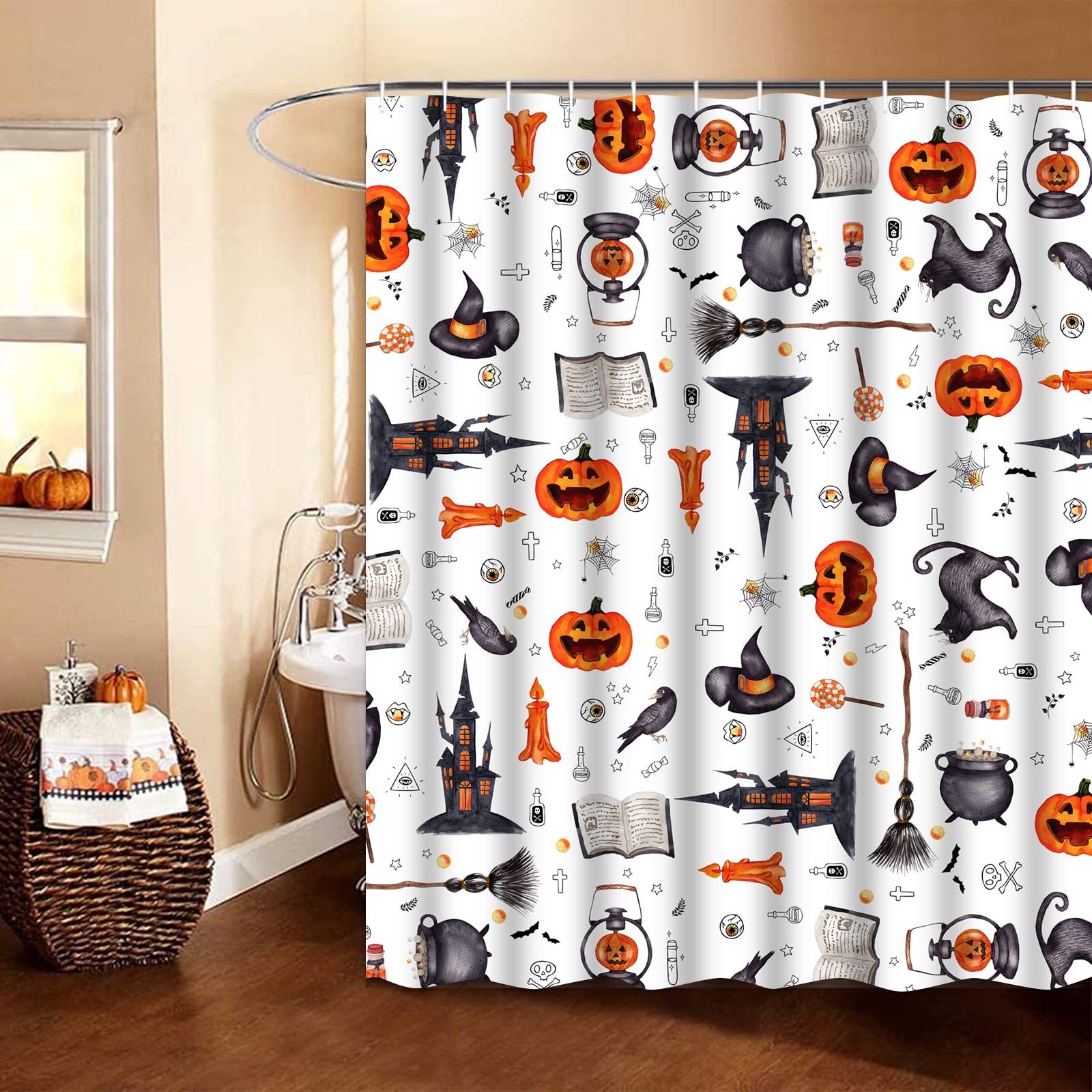 Halloween Pumpkin Shower Curtain with Black Cat Design - Cute Cartoon Witch & Spider Web Bathroom Decor - Includes 12 Hooks - Waterproof Fabric for Spooky Trick or Treat Bathroom Theme - Perfect for Halloween Party Decorations & Seasonal Home Decor