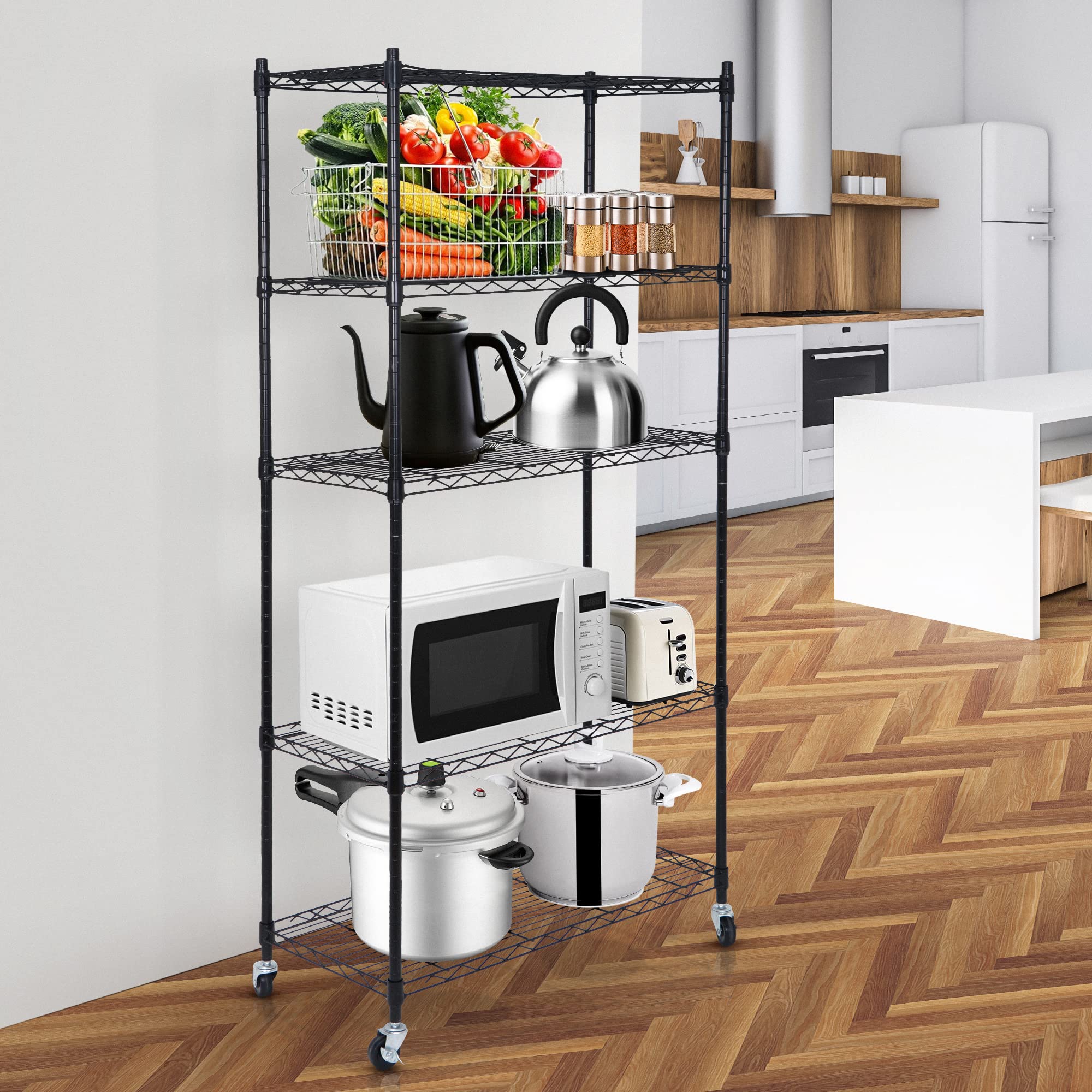Heavy Duty 5-Tier Black Wire Shelving Unit with Wheels - 30