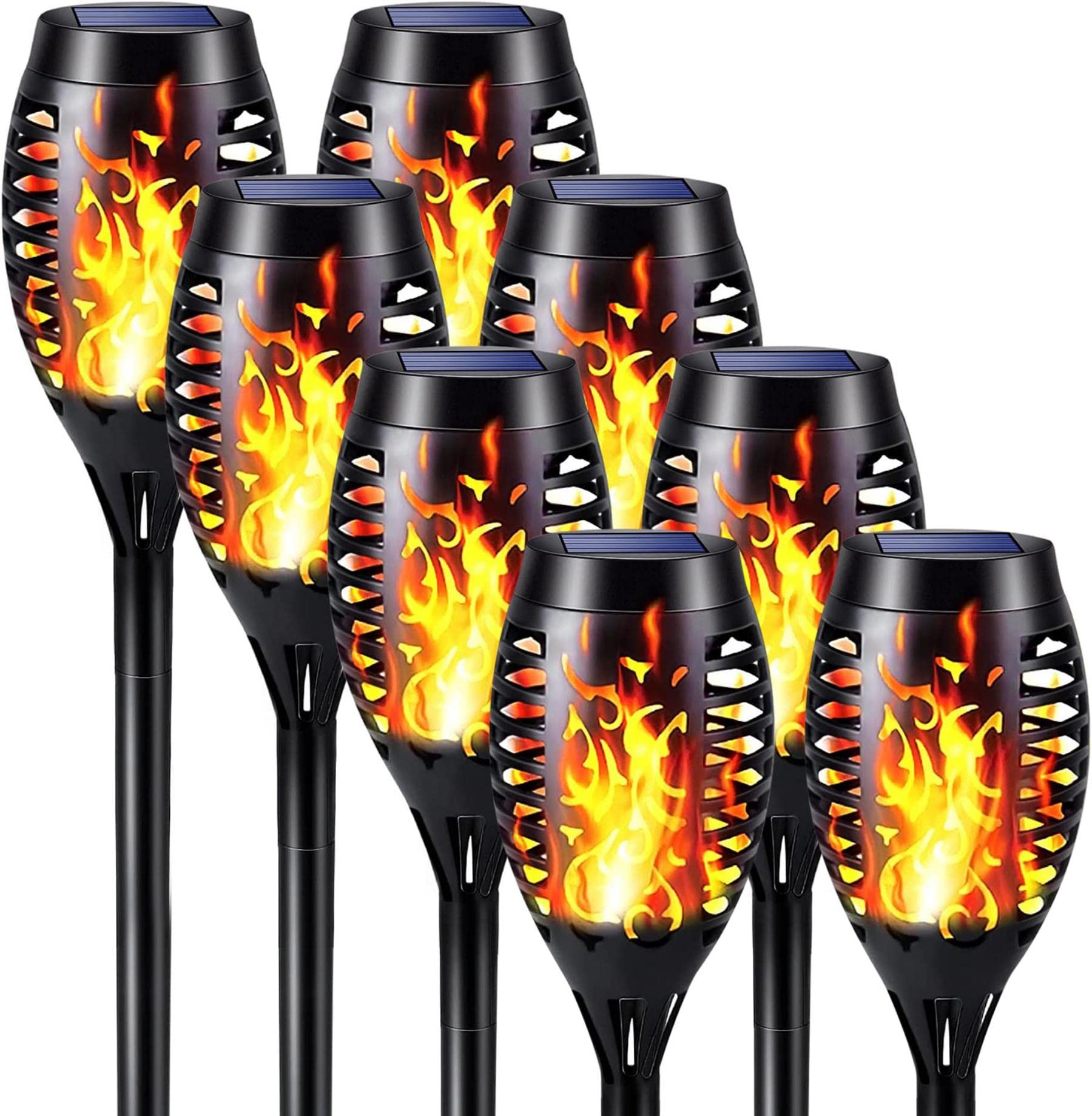 iBaycon 8 Pack Solar Torch Flame Lights - Waterproof Outdoor Solar Garden Lights with Realistic Flickering Flame Effect - Solar Pathway Lights for Yard, Patio, Lawn & Walkway - Perfect for Halloween, Christmas Decor & Backyard Ambiance Lighting