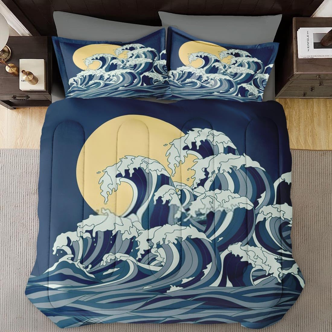 Japanese Ocean Themed King Size Comforter Set - Soft Asian Bedding for Kids & Adults with 2 Pillowcases | Moon & Sun Blue Bedroom Decor for Cozy Sleep & Stylish Home