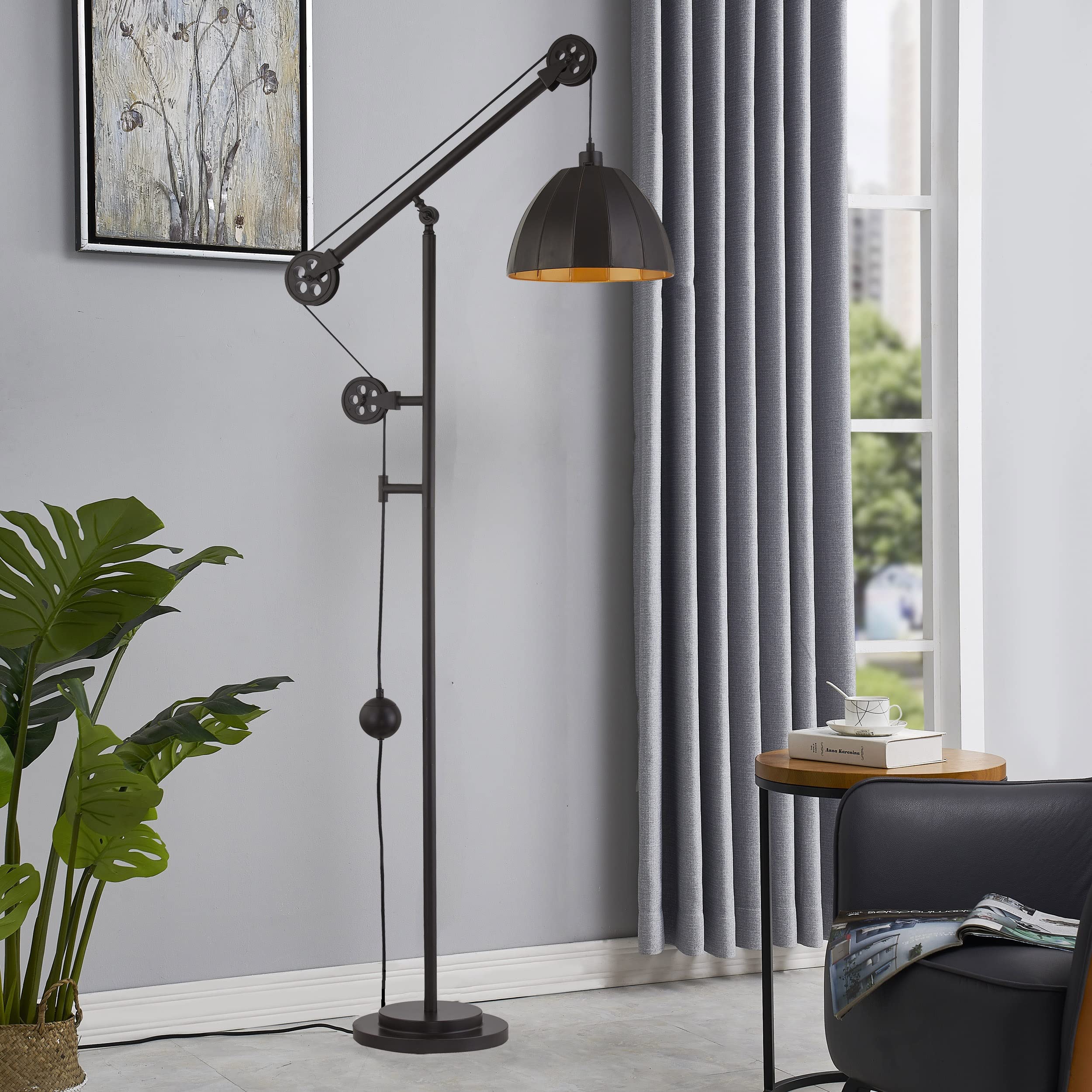 WOXXX Industrial Counterweight Pulley Floor Lamp - Adjustable Metal Shade, Rustic Deep Bronze Finish - Modern Standing Lamp for Living Room, Bedroom, Office & Reading - Farmhouse Style Tall Floor Light for Home Decor & Workspaces