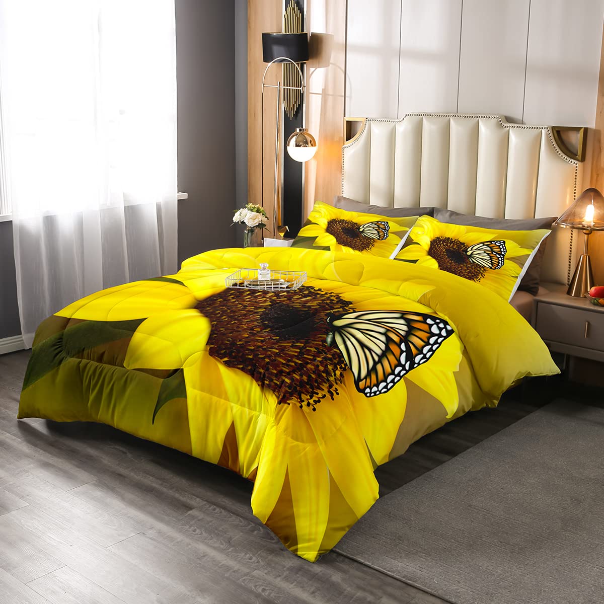 3D Colorful Butterfly & Sunflower Comforter Set Twin Size - Yellow Retro Farmhouse Bedding for Girls | All-Season Down Alternative Duvet with Pillowcase | Perfect for Kids' Room, Guest Bedroom & Boho Chic Decor
