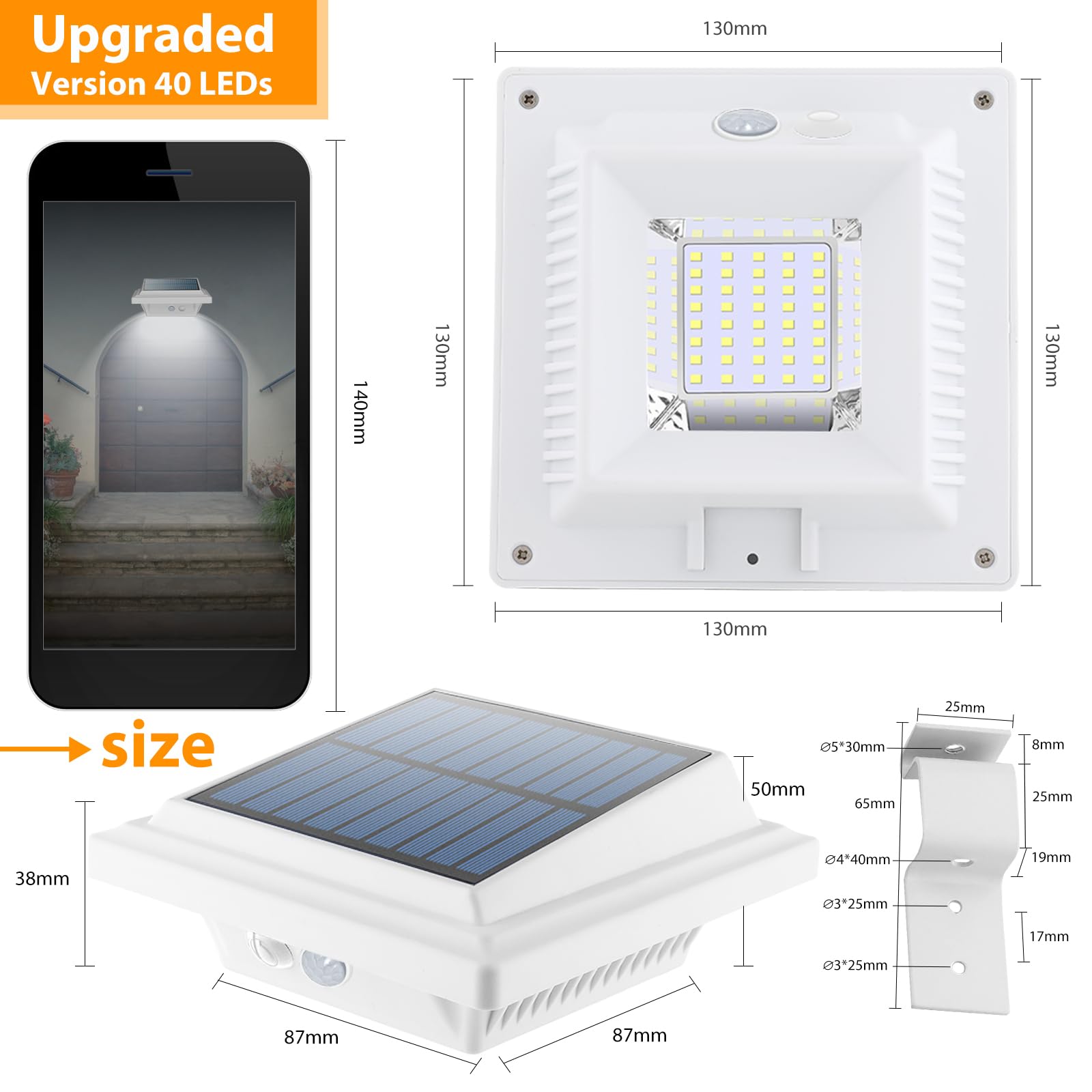 40 LED Solar Fence Lights with Motion Sensor - Solar Powered Outdoor Security Lights for Garden, Patio, Yard, Wall & Deck (White, Cool White, 2 Pack) - Weatherproof & Energy Efficient Lighting Solution