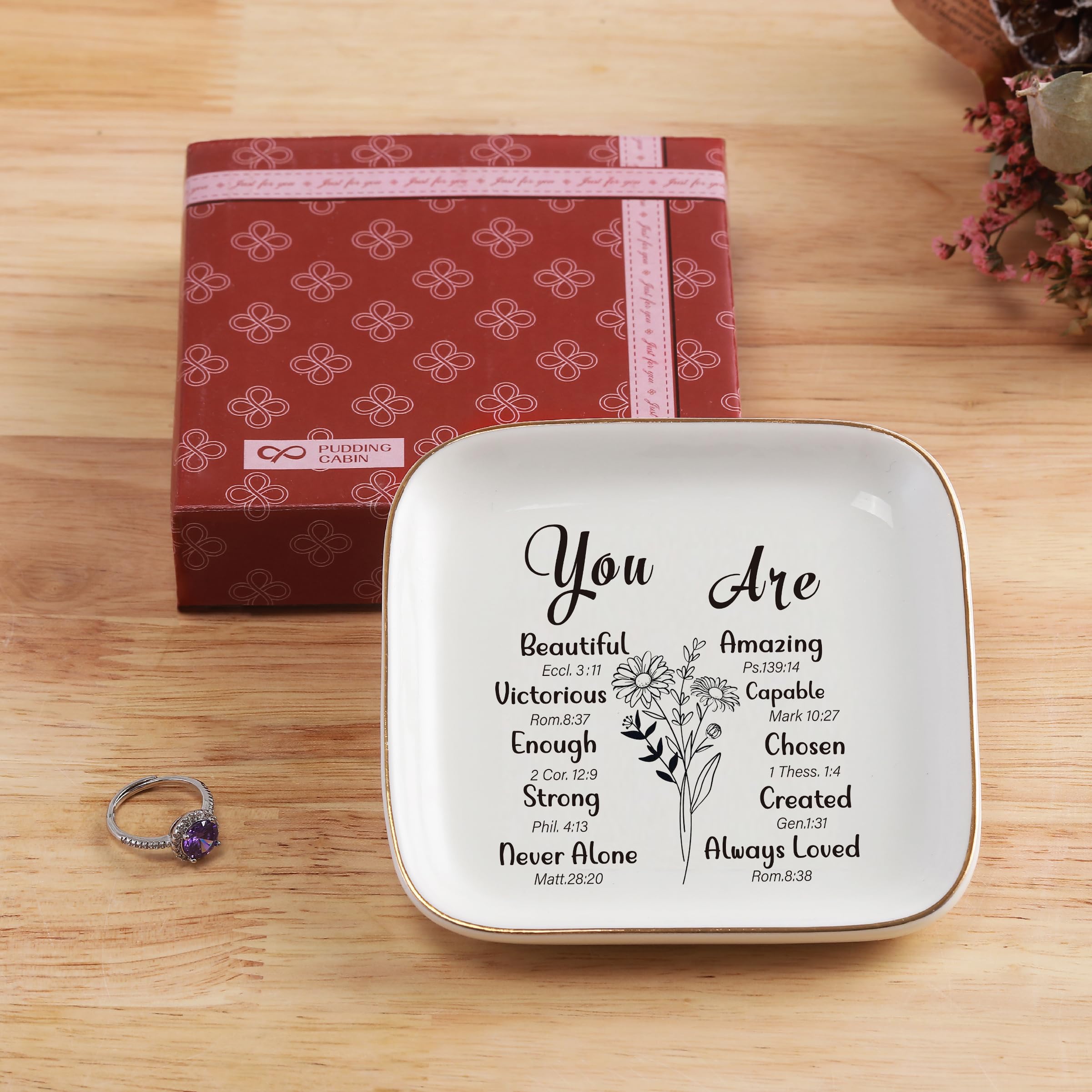 PUDDING CABIN Christian Jewelry Dish for Women - Inspirational Bible Verse Gifts, Catholic Religious Gifts, Spiritual Birthday & Mother's Day Presents, White - Perfect for Home Decor & Daily Devotion