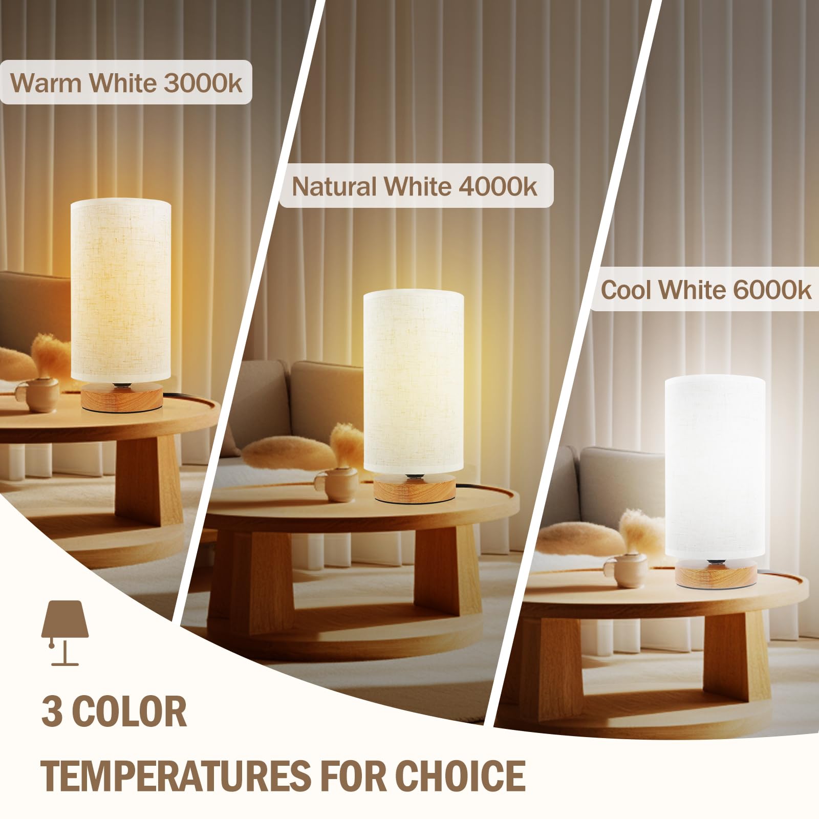Minimalist Bedside Table Lamps Set of 2 - 3-Way Dimmable Nightstand Lamps with Round Fabric Linen Shade, Small Desk Lamp for Bedroom, Living Room, Office & Reading Nook - Warm White, Cool White & Daylight Options