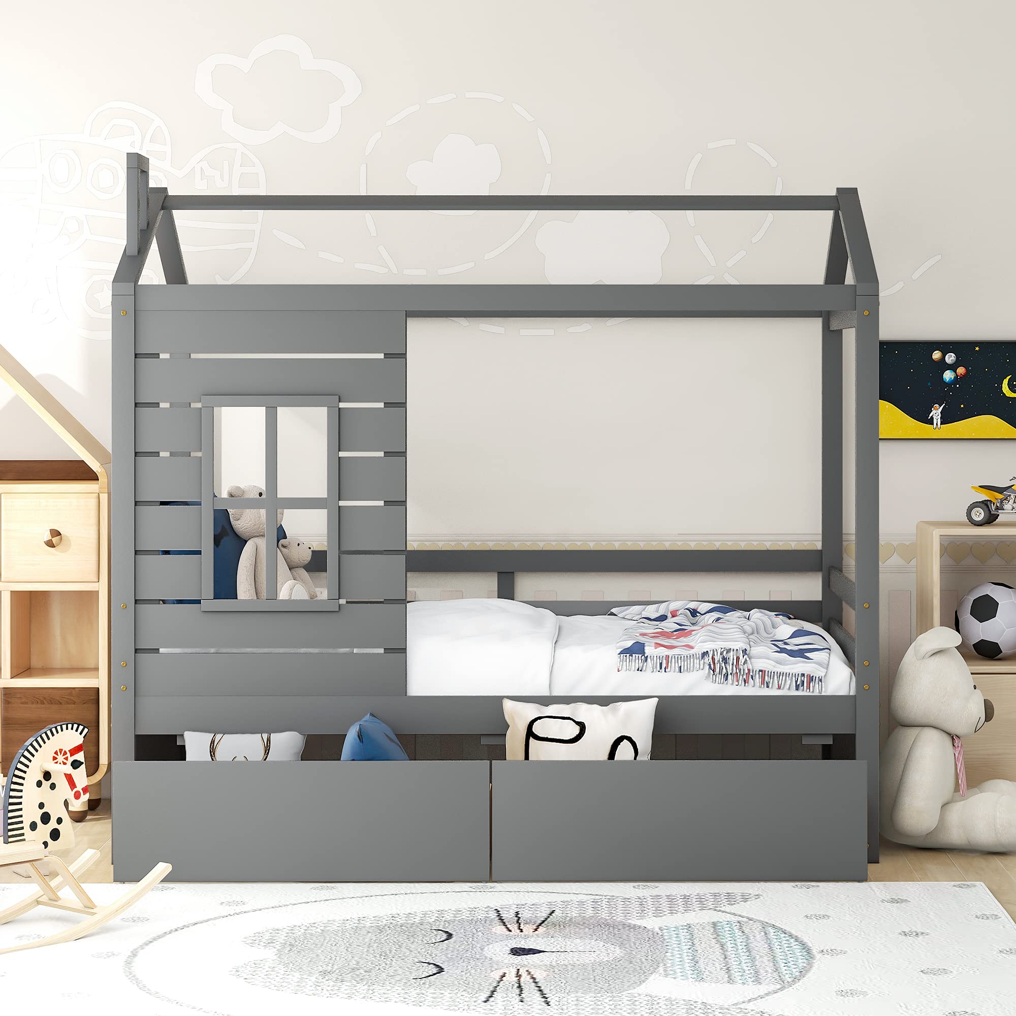 **Winwee Twin Wooden House Bed Frame with Roof & 2 Drawers - Gray Kids Daybed for Toddlers, Teens, Boys & Girls - Perfect for Bedroom, Playroom & Themed Nursery Decor**