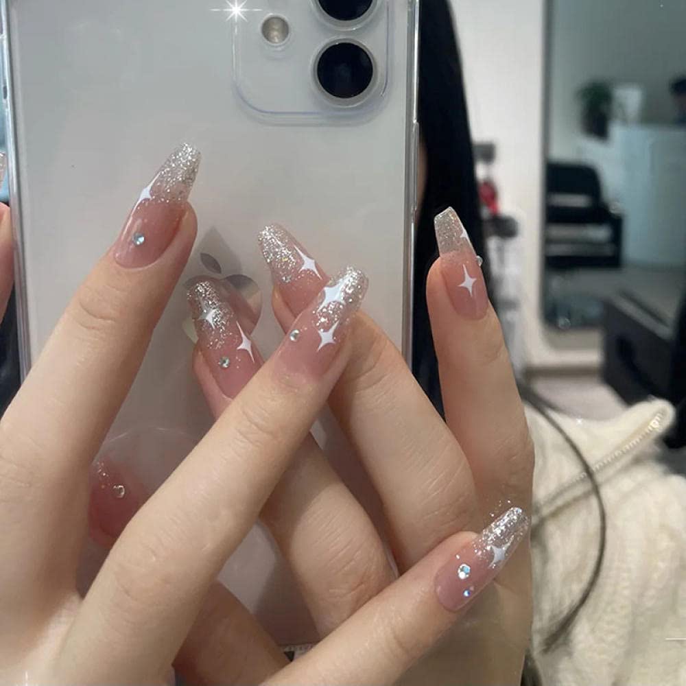 24pcs Ballet Fake Nails - Glitter Coffin French Tips, Full Cover Detachable False Nails for Women | Perfect for Parties, Weddings & Special Occasions