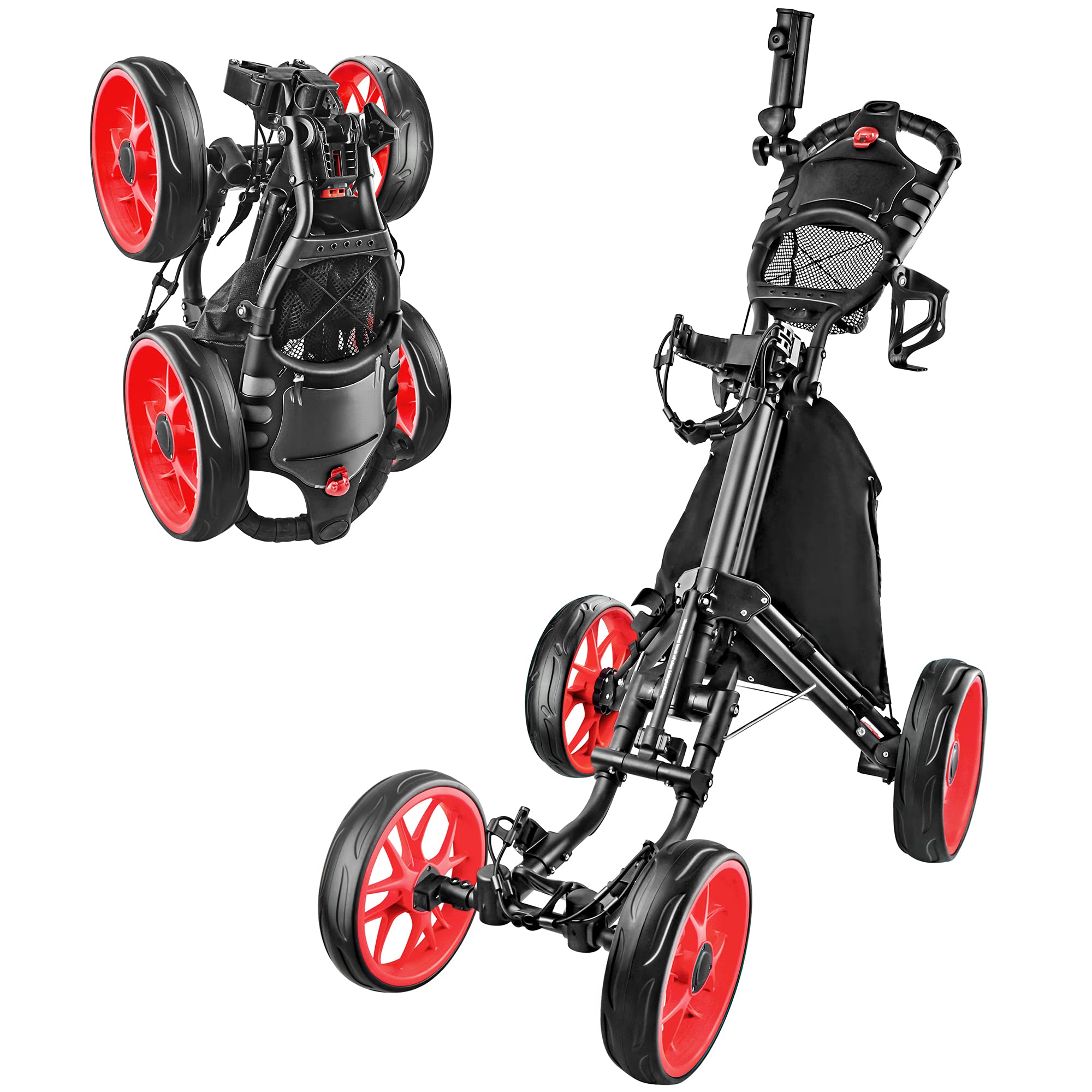 BOBOPRO 4 Wheel Folding Golf Push Cart with Bag Holder - Lightweight Golf Cart for Men & Women - Perfect for Golf Courses & Driving Ranges (Red)