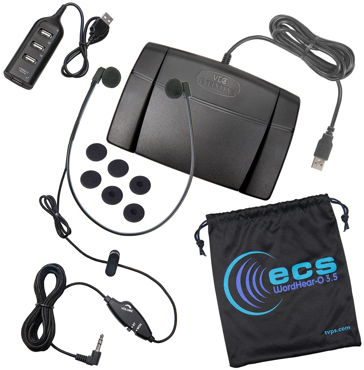 Professional ECS 3.5mm Stereo/Mono Transcription Headset with Infinity-3 USB Foot Pedal - USB Hub & Comfortable Ear Cushions Included - Perfect for Medical Transcription, Court Reporting & Audio Editing