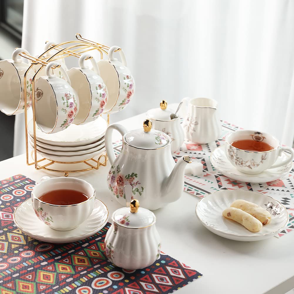 Royal British Porcelain Tea Set - 8 OZ Cups & Saucers for 6 with Teapot, Sugar Bowl, Cream Pitcher & Accessories | Elegant Rose Floral Design for High Tea, Weddings, Bridal Showers & Afternoon Tea Parties