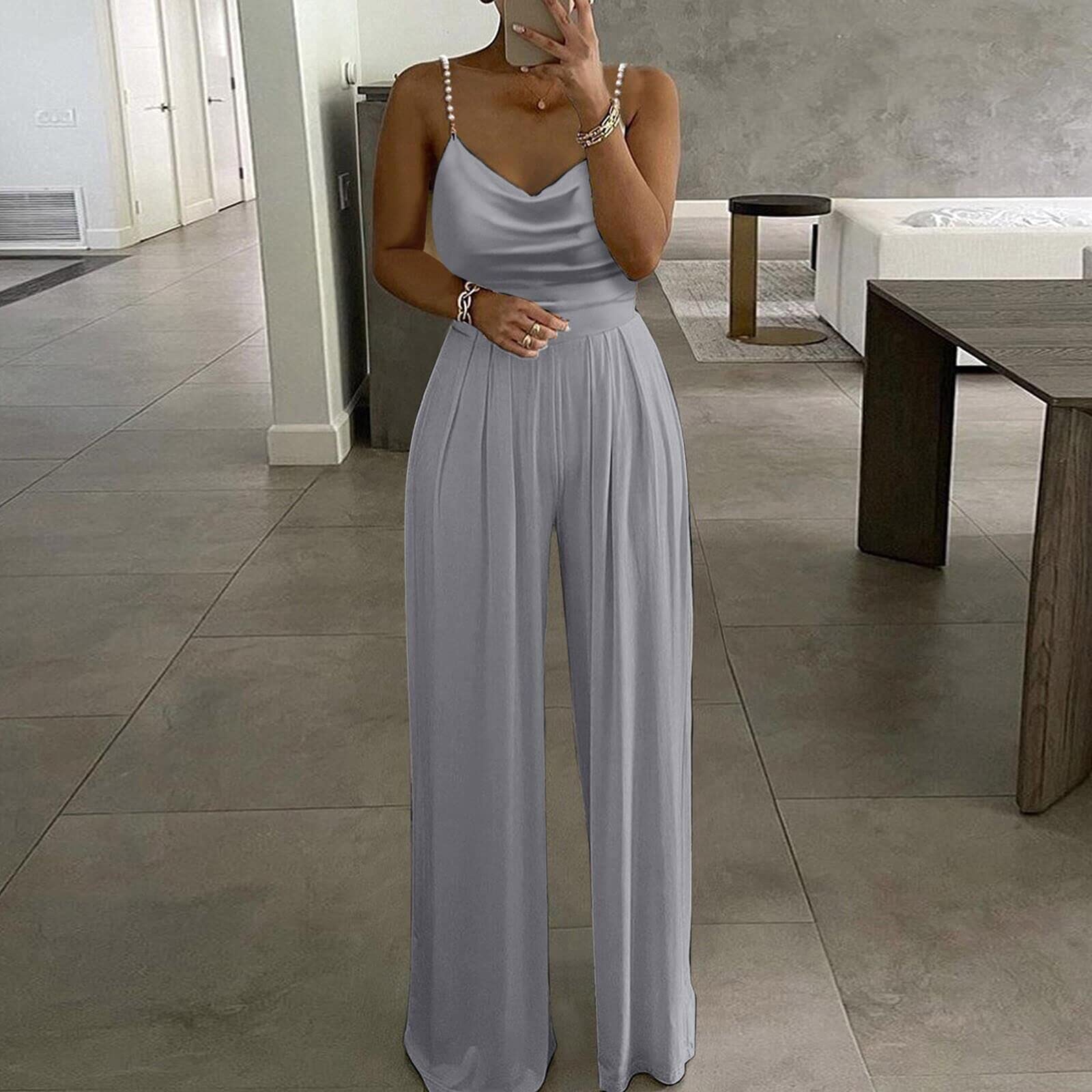 UK Women's Casual Solid Color Jumpsuit - Pearl Suspender Playsuit for Outings