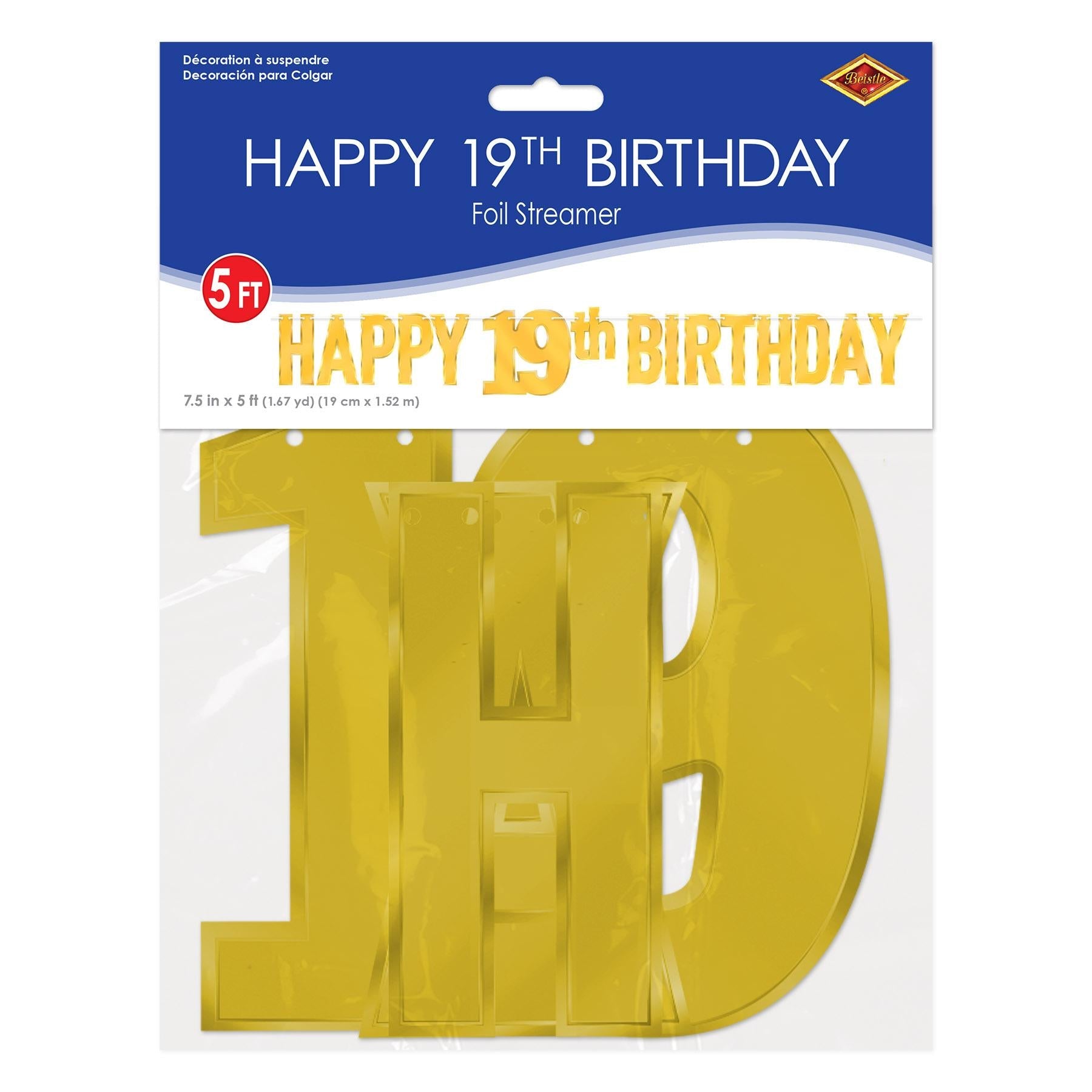 12 Pack Gold Foil Happy 19th Birthday Streamers - Party Decorations for Teen Birthday Celebrations, Graduation Parties & Special Events