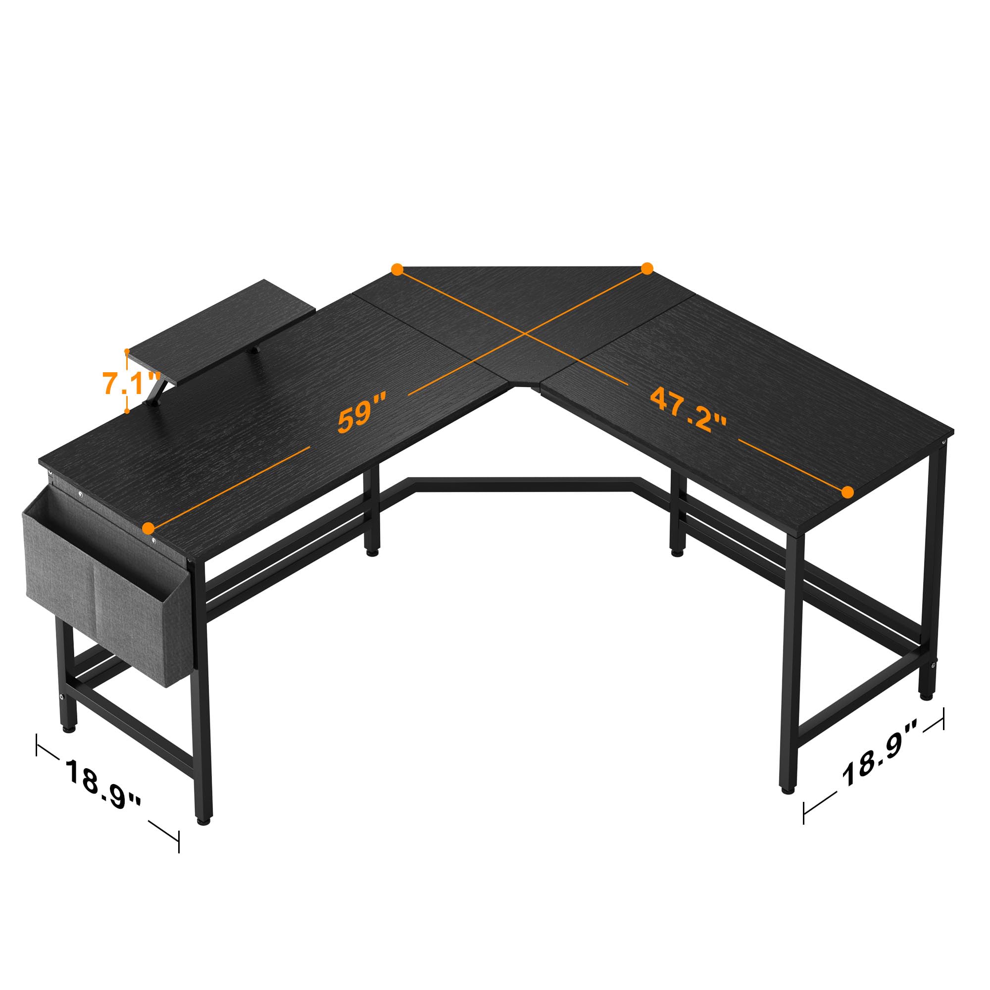 Soges Black L-Shaped Desk with Storage Bag & Monitor Stand - Corner Computer Desk for Home Office, Gaming, Writing & Reading | Space-Saving L-Shaped Workstation for Small Rooms & Apartments