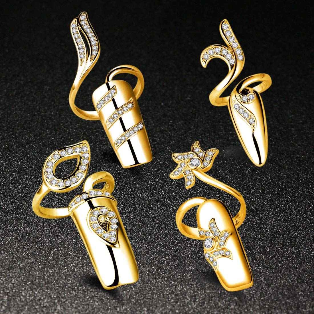 Suoirblss 4 PCS Women's Nail Cap Cover Rings - Adjustable Rhinestone Nail Protectors for Fingertips | Nail Art Charms & Fashion Accessories | Perfect for Parties, Weddings and Daily Nail Care