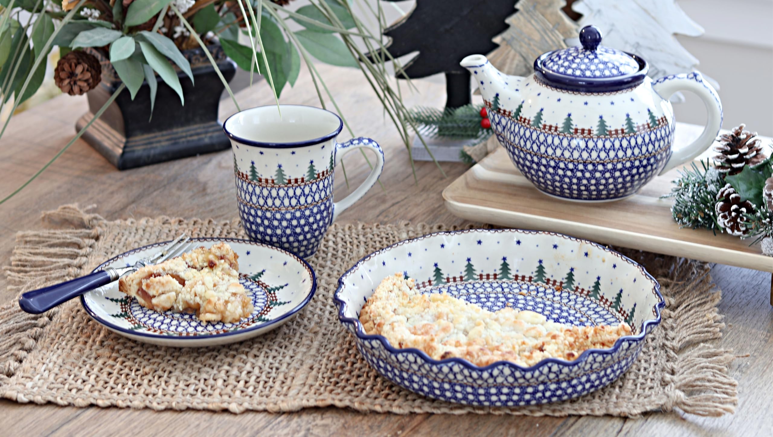 Handmade Blue Rose Polish Pottery Dessert Plate - Rustic Pines Design for Cake, Cookies & Pastries - Perfect for Tea Parties, Weddings & Farmhouse Decor