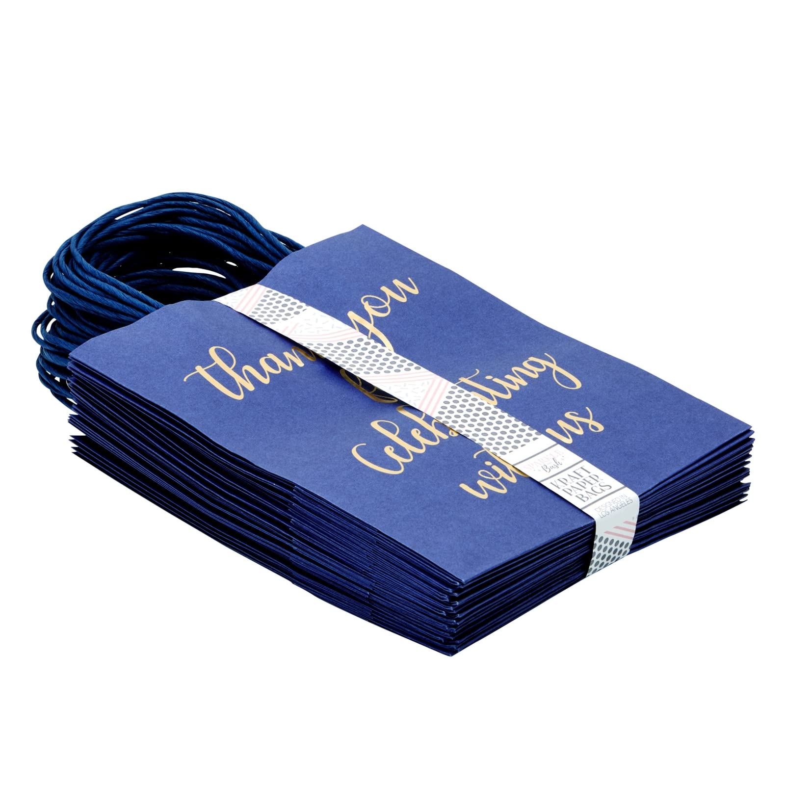Premium Navy Blue Gift Bags with Gold Foil Script - 8x4x10 Inch Medium Thank You Bags with Handles (Pack of 24) + 24 White Tissue Papers - Perfect for Birthday Parties, Baby Showers & Wedding Favors
