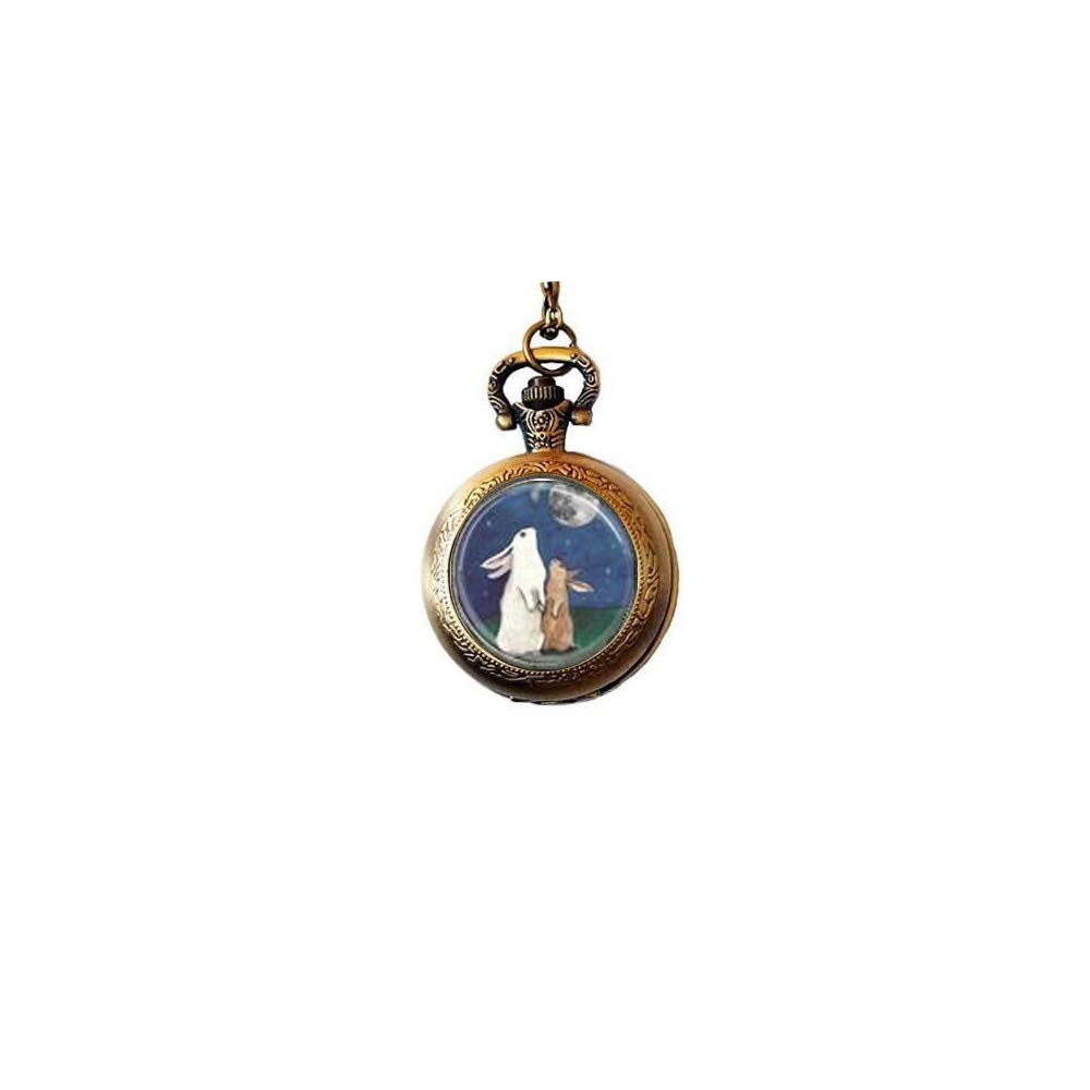 Rabbit Pendant Pocket Watch Necklace - Moon and Back Charm, Glass Tile Jewelry with Full Moon Design, I Love You to the Moon and Back Art Photo Watch - Perfect Gift for Anniversary, Valentine's Day & Mother's Day