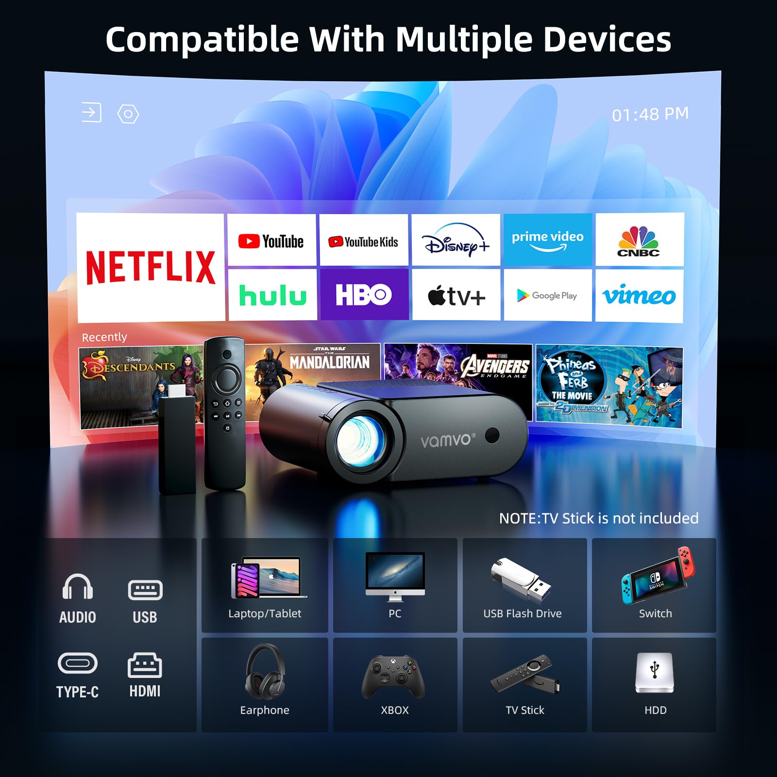 Vamvo 1080P WiFi Portable Projector - 200