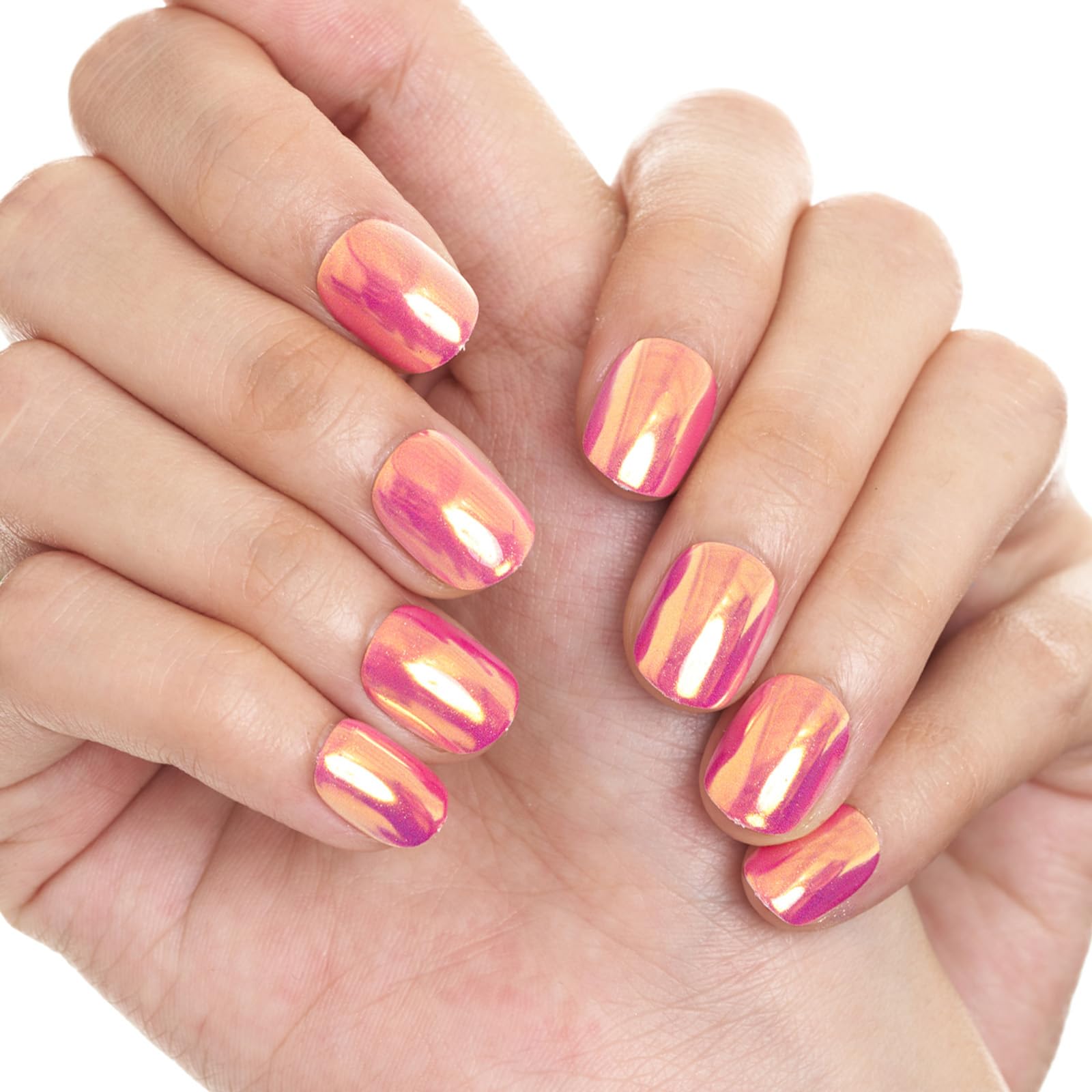 GLAMERMAID Short Press on Nails - 24Pcs Pinkish Brown Chrome Gel Fake Nails, Squoval Shape with Glossy UV Finish | Reusable Acrylic False Nails for Women | Perfect for Spring Manicures, Parties & Everyday Wear